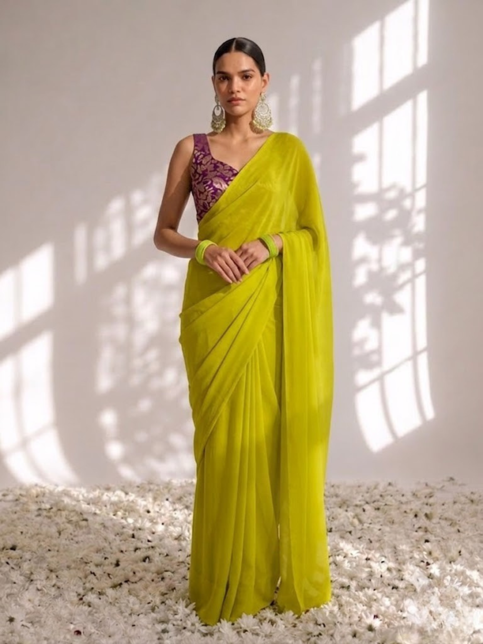 With Stitched Blouse - Purple Brocade Blouse with Yellow Chiffon Saree (Blouse has sleeve attached)