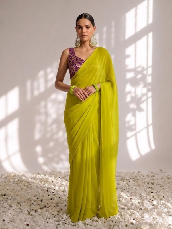 With Stitched Blouse - Purple Brocade Blouse with Yellow Chiffon Saree (Blouse has sleeve attached)