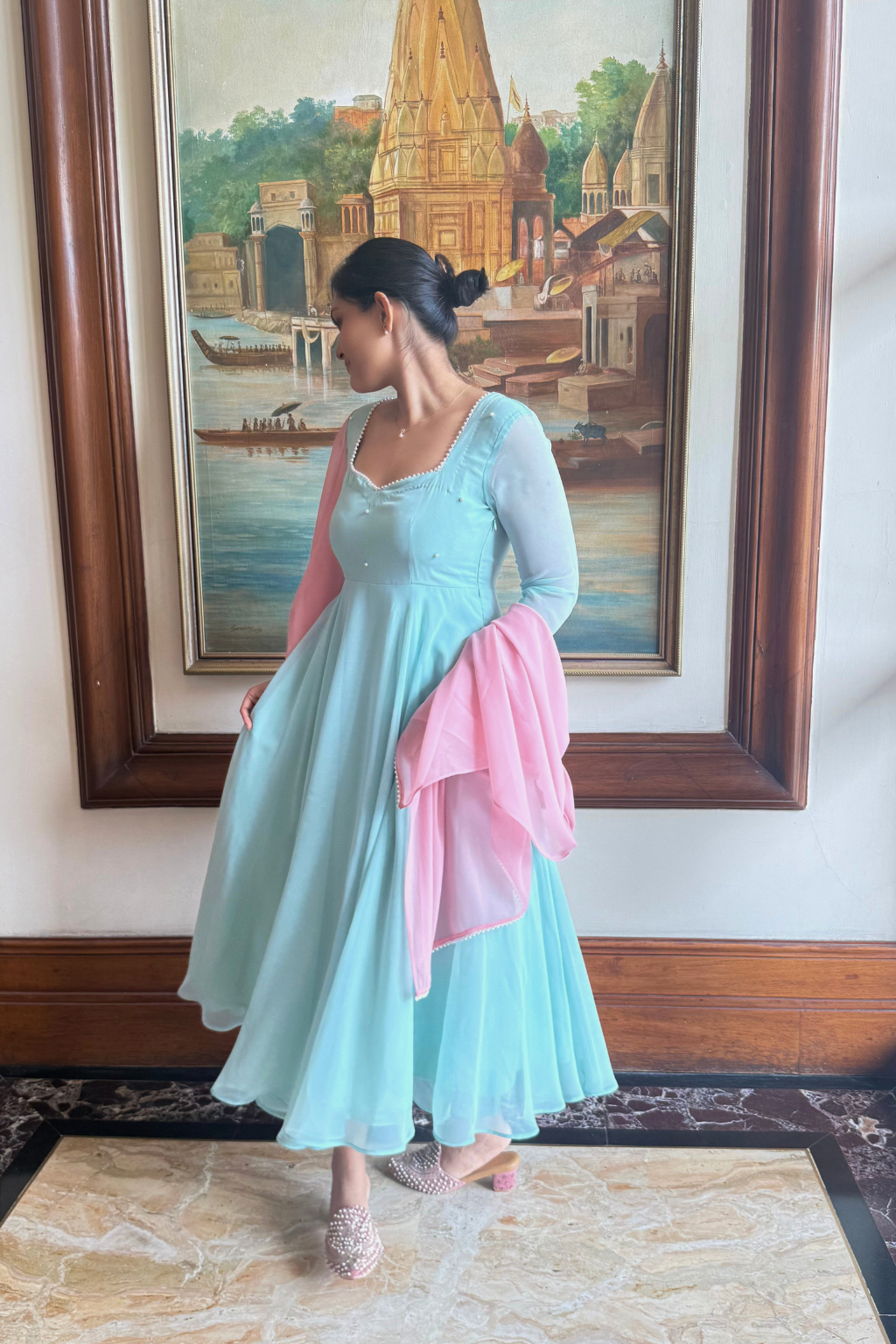 3 pc Suit Set -Light Blue Pearl Edge Georgette 3/4th Sleeve Anarkali with Pink Dupatta and Pants