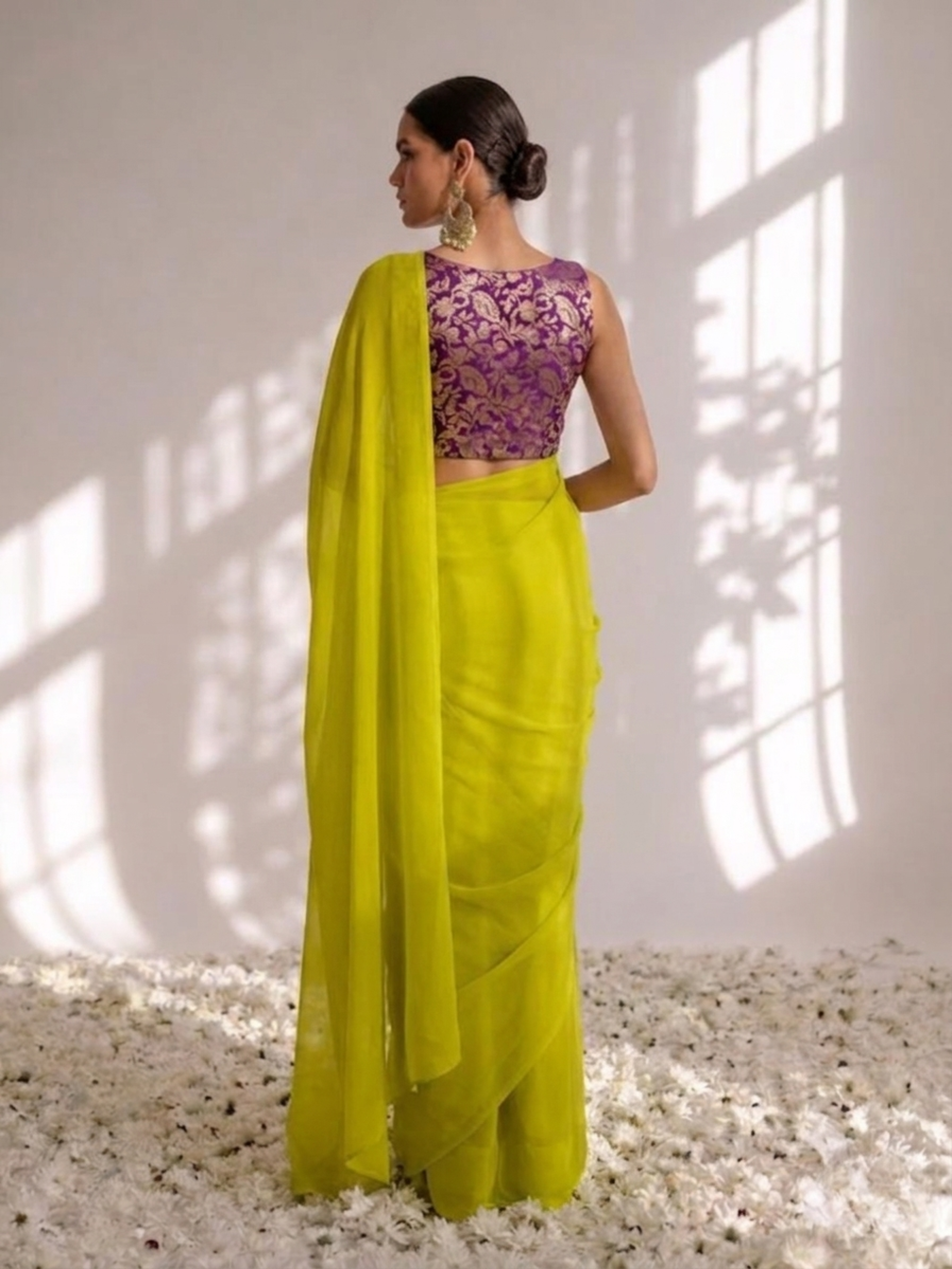 With stitched blouse - purple brocade blouse with yellow chiffon saree (blouse has sleeve attached) — view 3