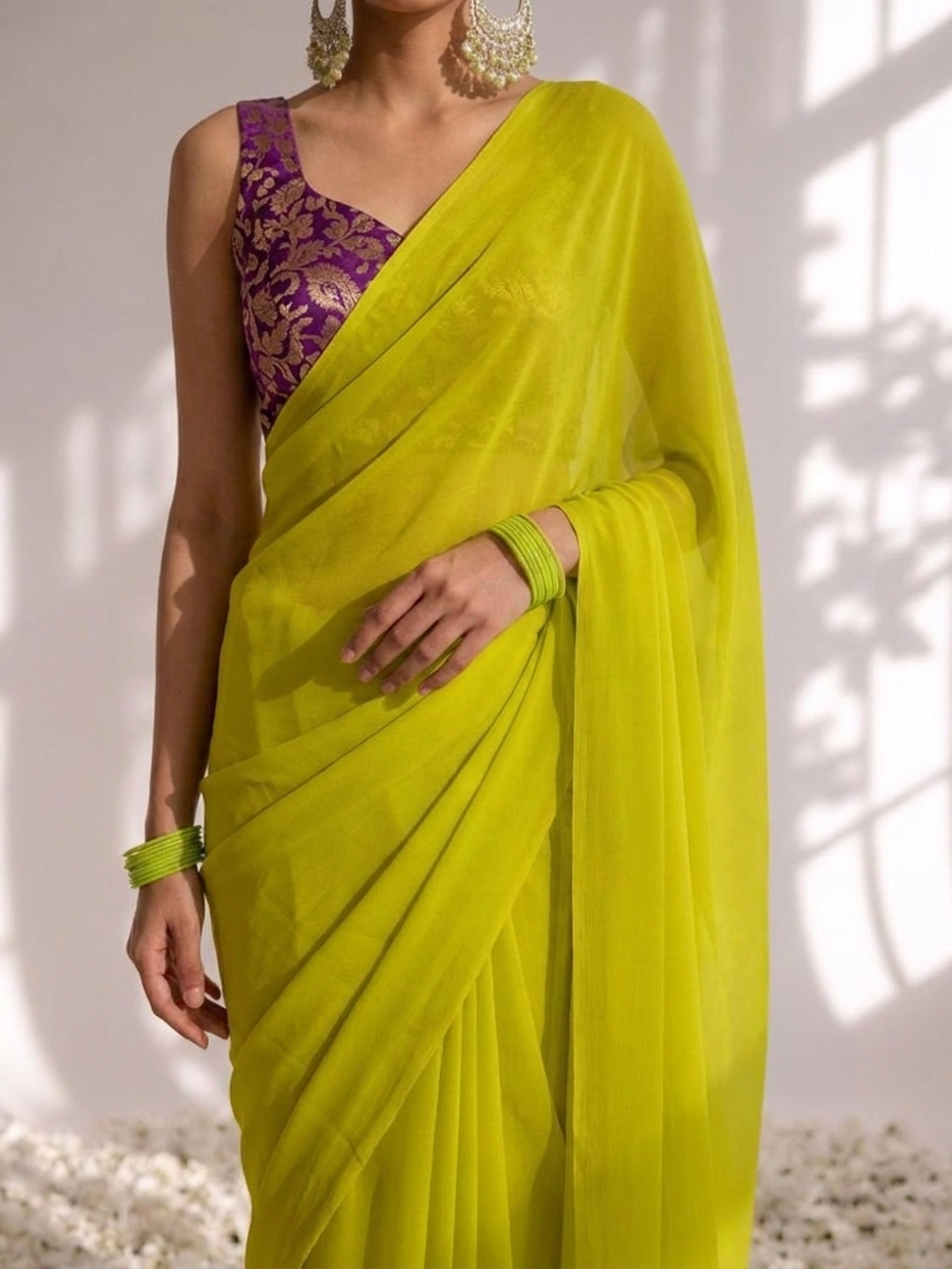 With stitched blouse - purple brocade blouse with yellow chiffon saree (blouse has sleeve attached) — view 6