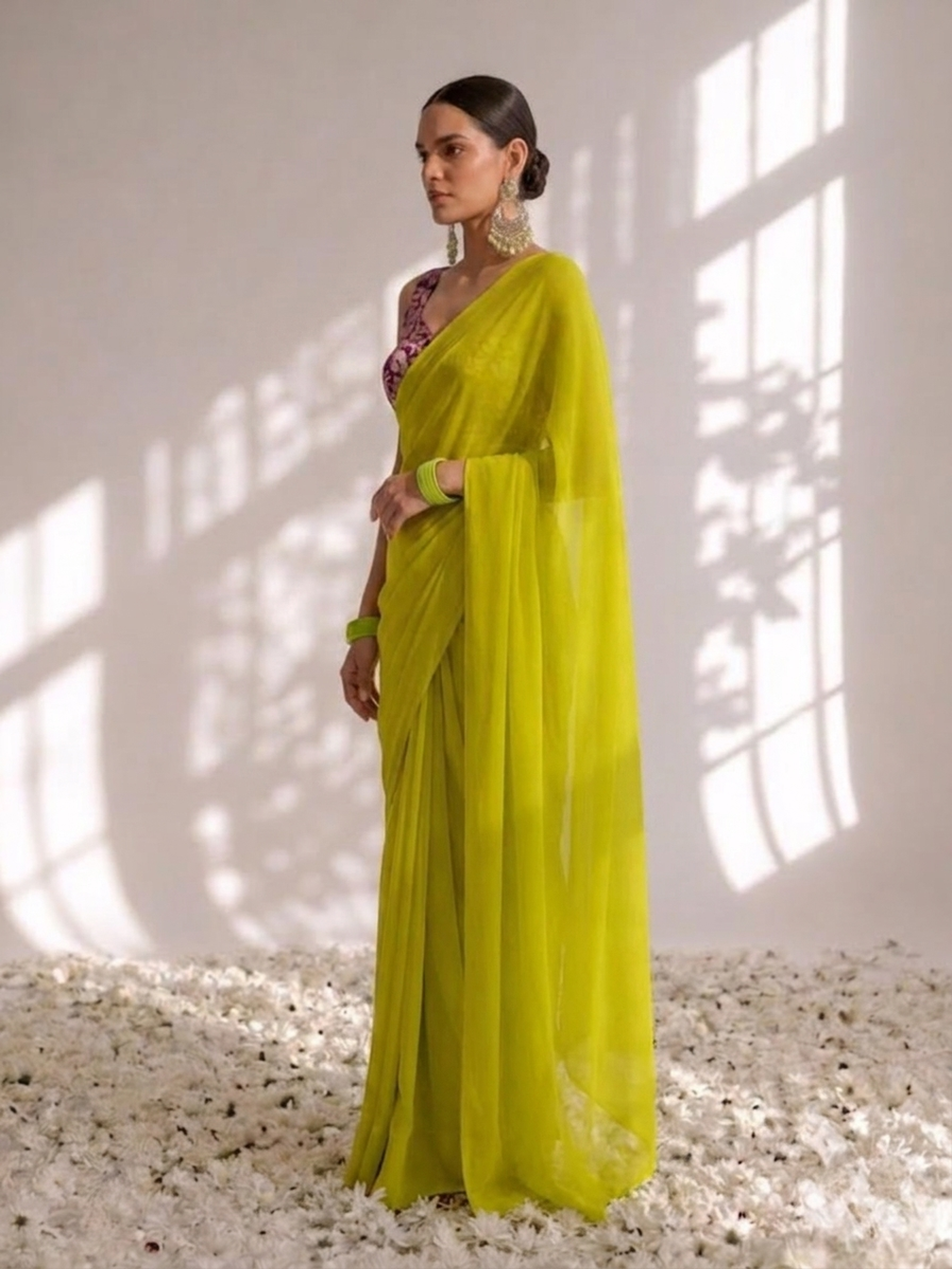 With stitched blouse - purple brocade blouse with yellow chiffon saree (blouse has sleeve attached) — view 4