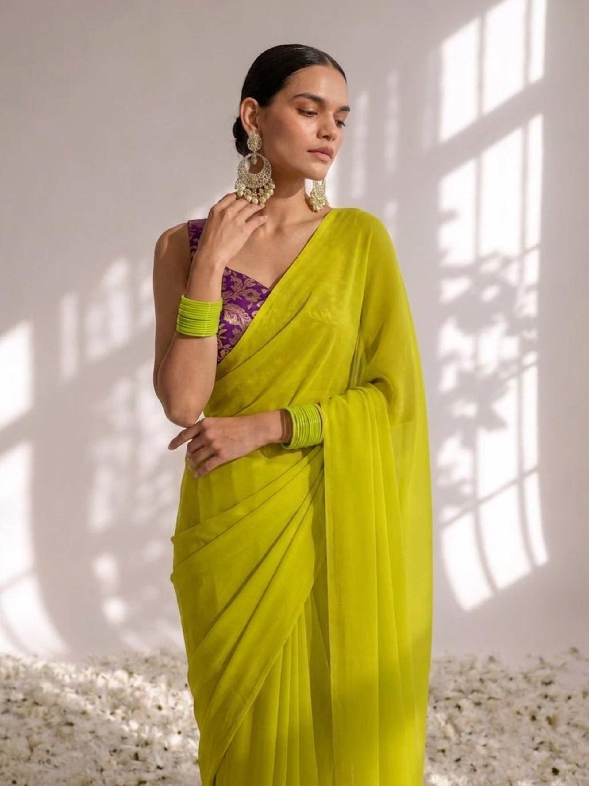 With stitched blouse - purple brocade blouse with yellow chiffon saree (blouse has sleeve attached) — view 5