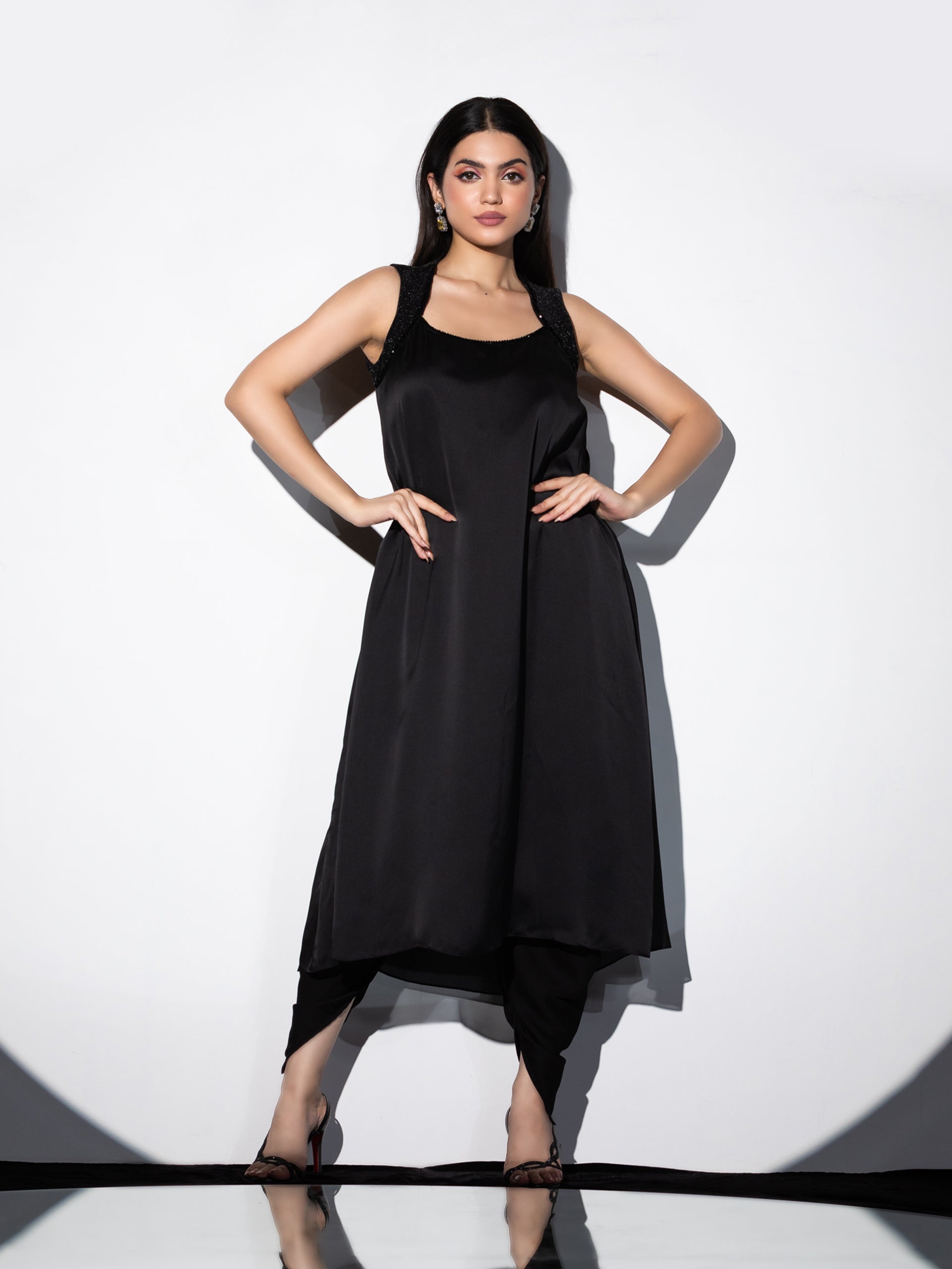 Women's Black Satin with Stretchable Top & Beads Set with Dhoti Pants, 2 Piece Set | Straight Fit, Round Neck, Sleeveless, Dhoti Pants, Partywear, (Satin)