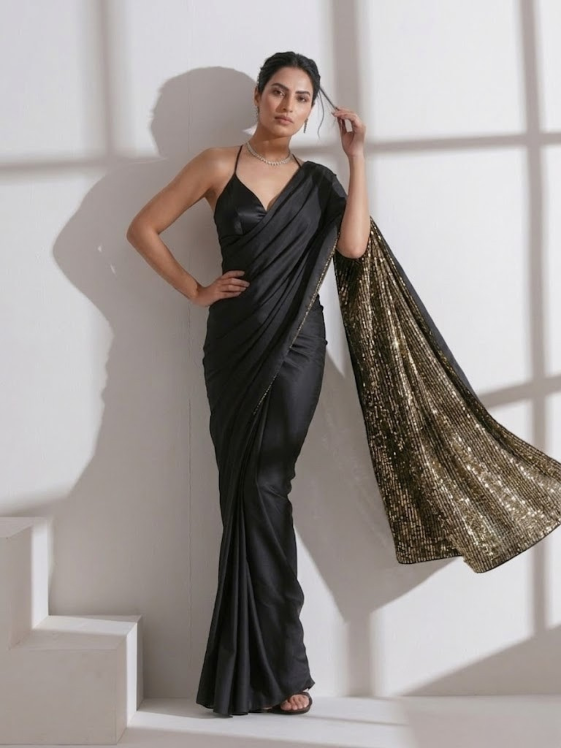 Black Surprise Saree with Gold Sequin and Black Blouse Fabric