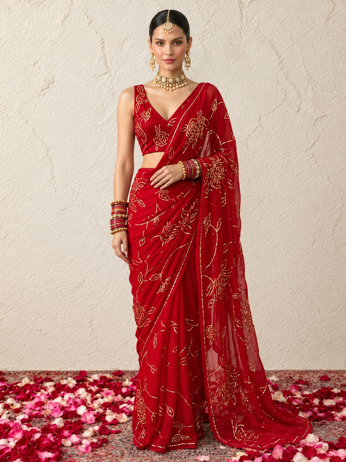 Fushia and Gold Roses Pure Silk Chiffon Saree with Allover Hand Embroidery and Beaded Blouse Fabric