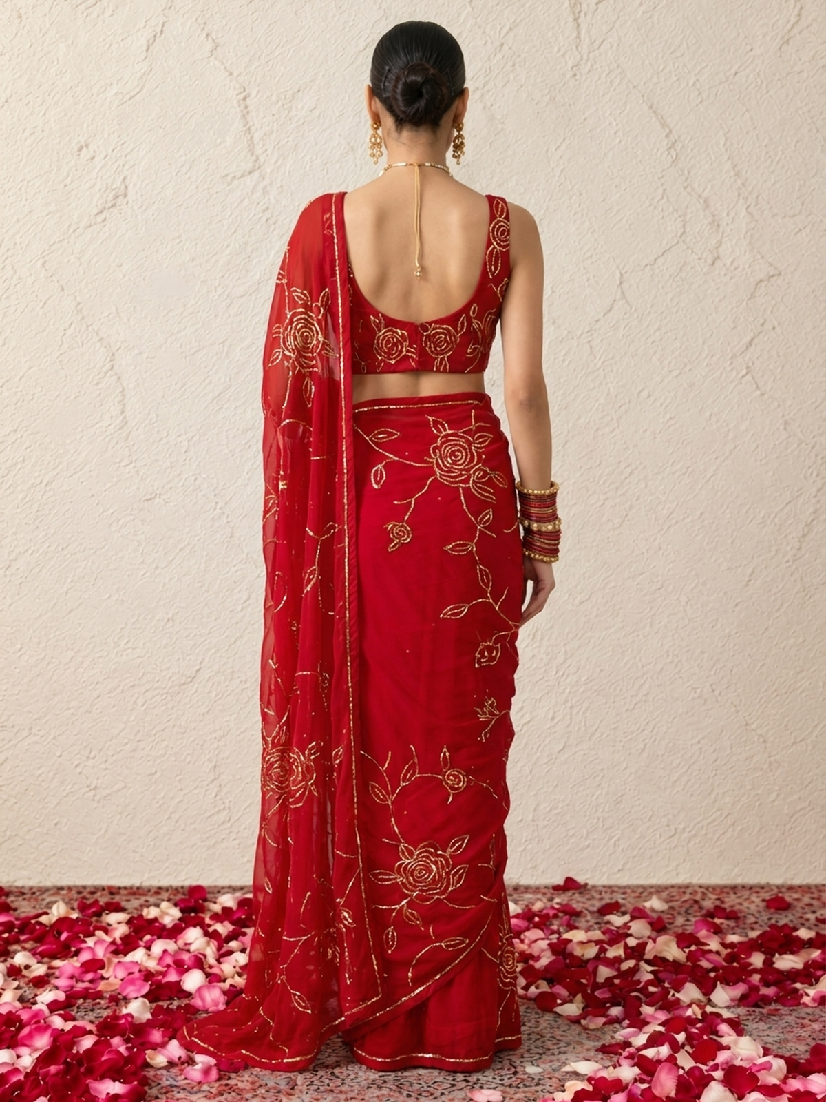 Fushia and Gold Roses Pure Silk Chiffon Saree with Allover Hand Embroidery and Beaded Blouse Fabric