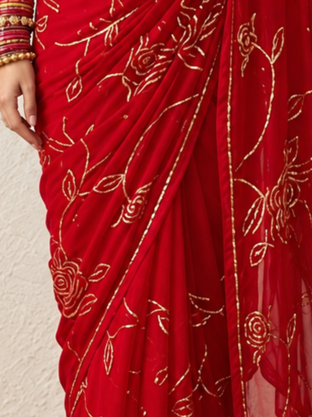 Fushia and Gold Roses Pure Silk Chiffon Saree with Allover Hand Embroidery and Beaded Blouse Fabric