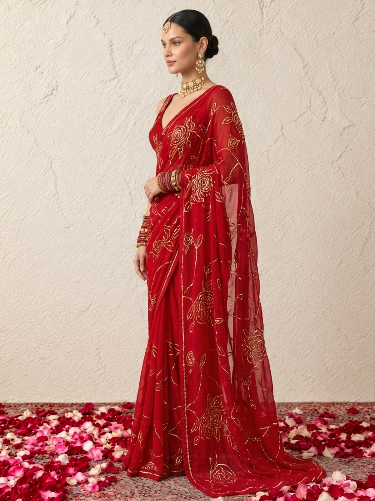 Fushia and Gold Roses Pure Silk Chiffon Saree with Allover Hand Embroidery and Beaded Blouse Fabric