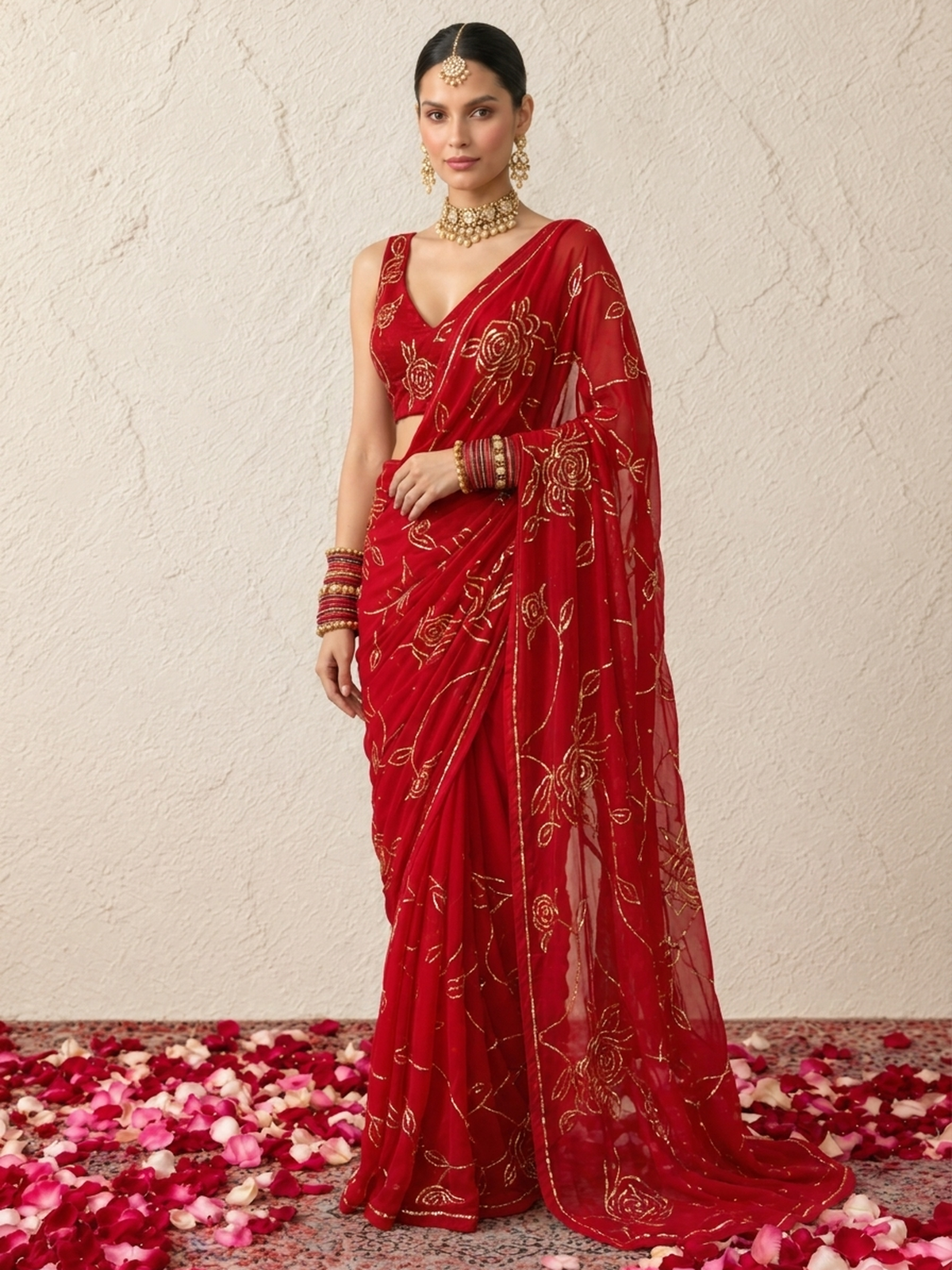 Fushia and Gold Roses Pure Silk Chiffon Saree with Allover Hand Embroidery and Beaded Blouse Fabric