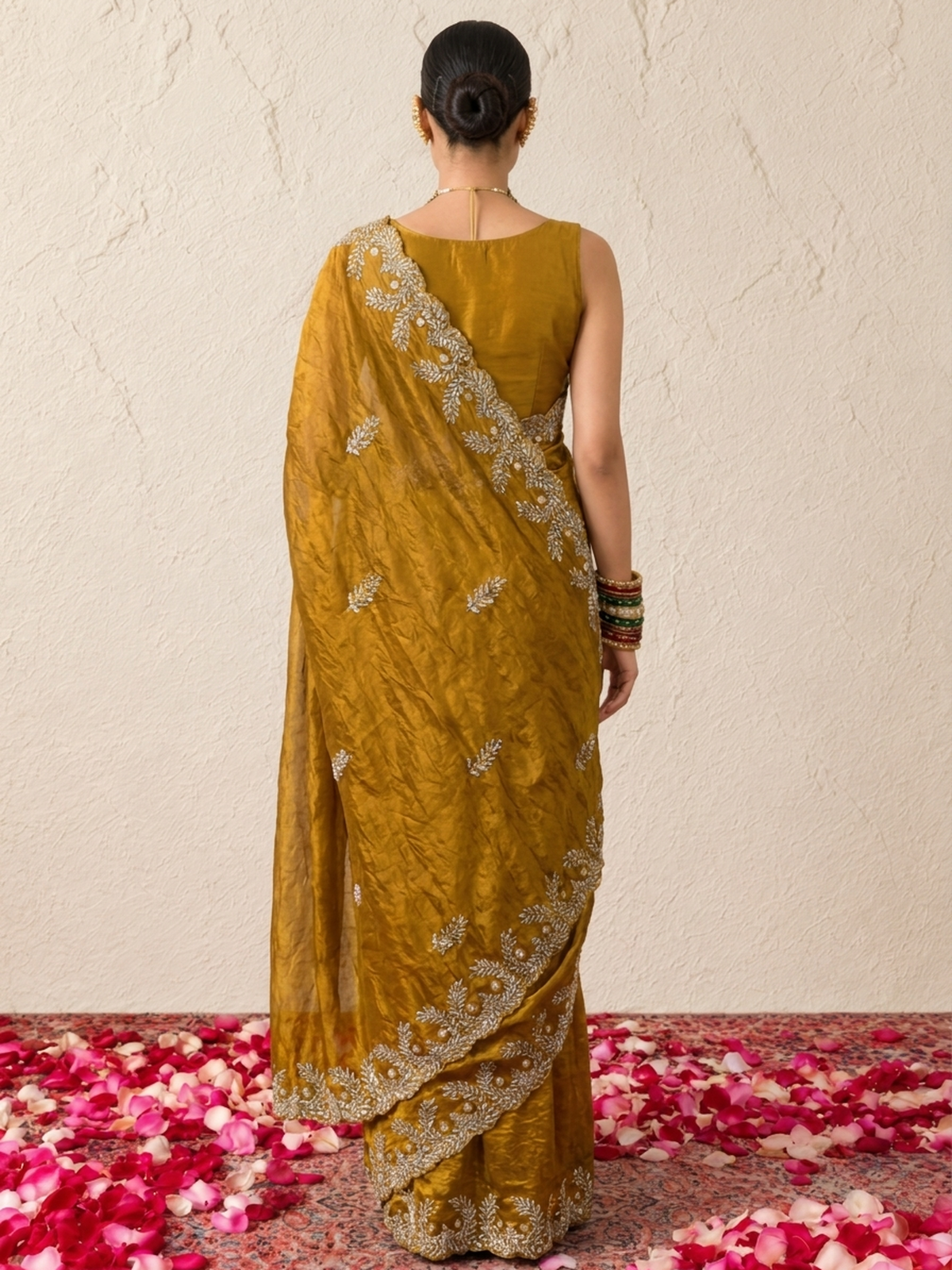 Gold and Black Edge Scallop Hand Beaded Satin Metallic Saree with Beaded Blouse Fabric