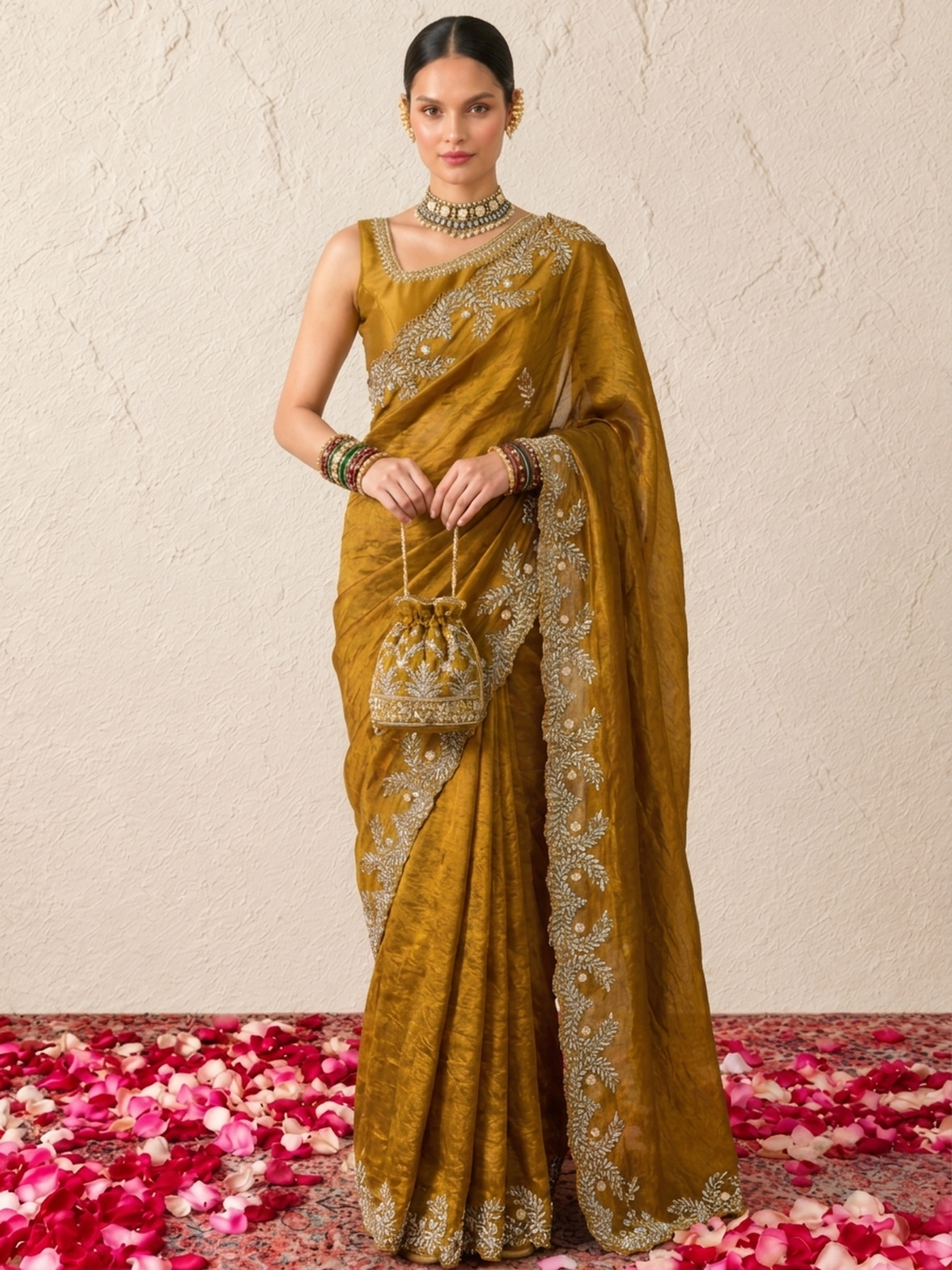 Gold and Black Edge Scallop Hand Beaded Satin Metallic Saree with Beaded Blouse Fabric