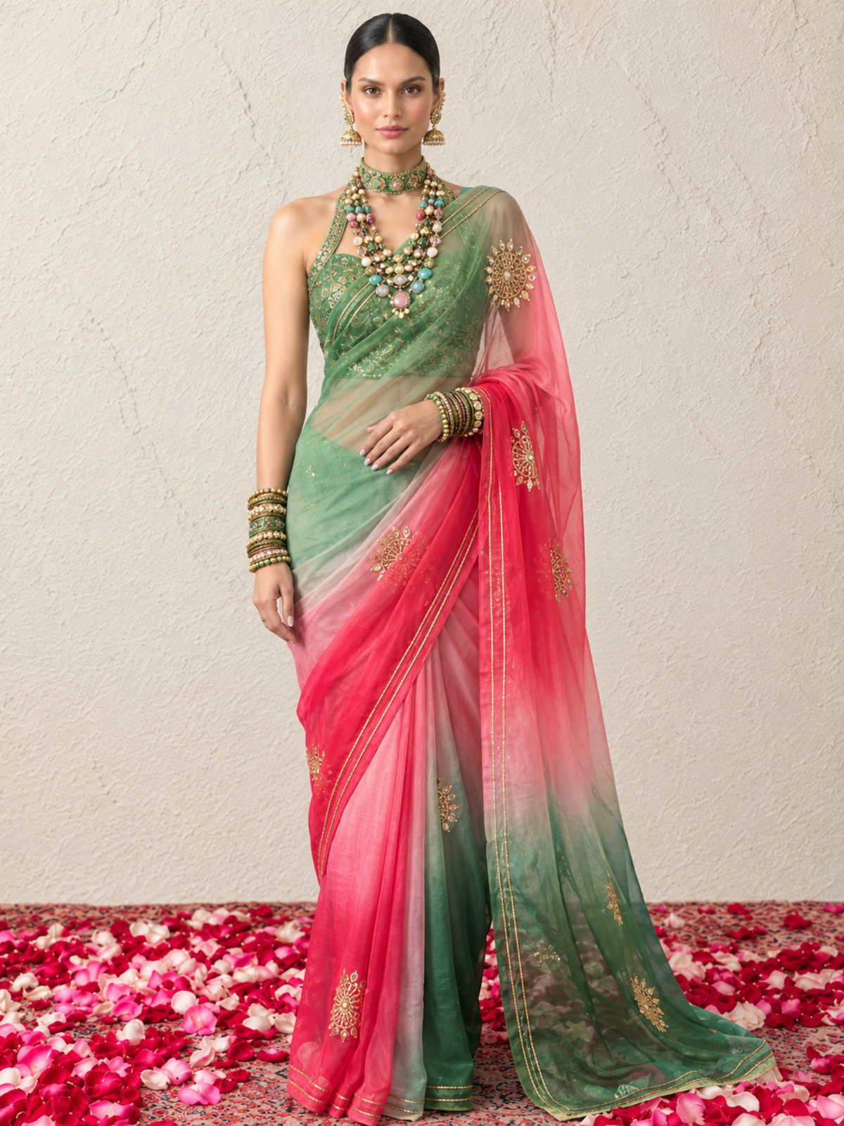 Pink and Green Ombre Round Gota Patti Pure Silk Chiffon Saree with Crepe Blouse Fabric