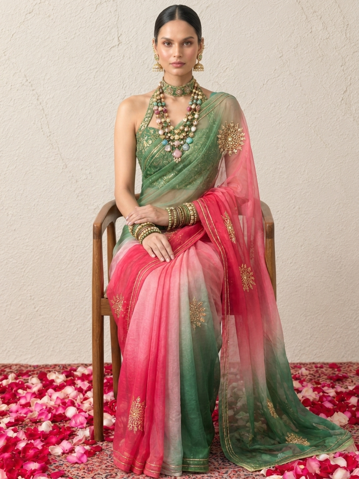 Pink and Green Ombre Round Gota Patti Pure Silk Chiffon Saree with Crepe Blouse Fabric