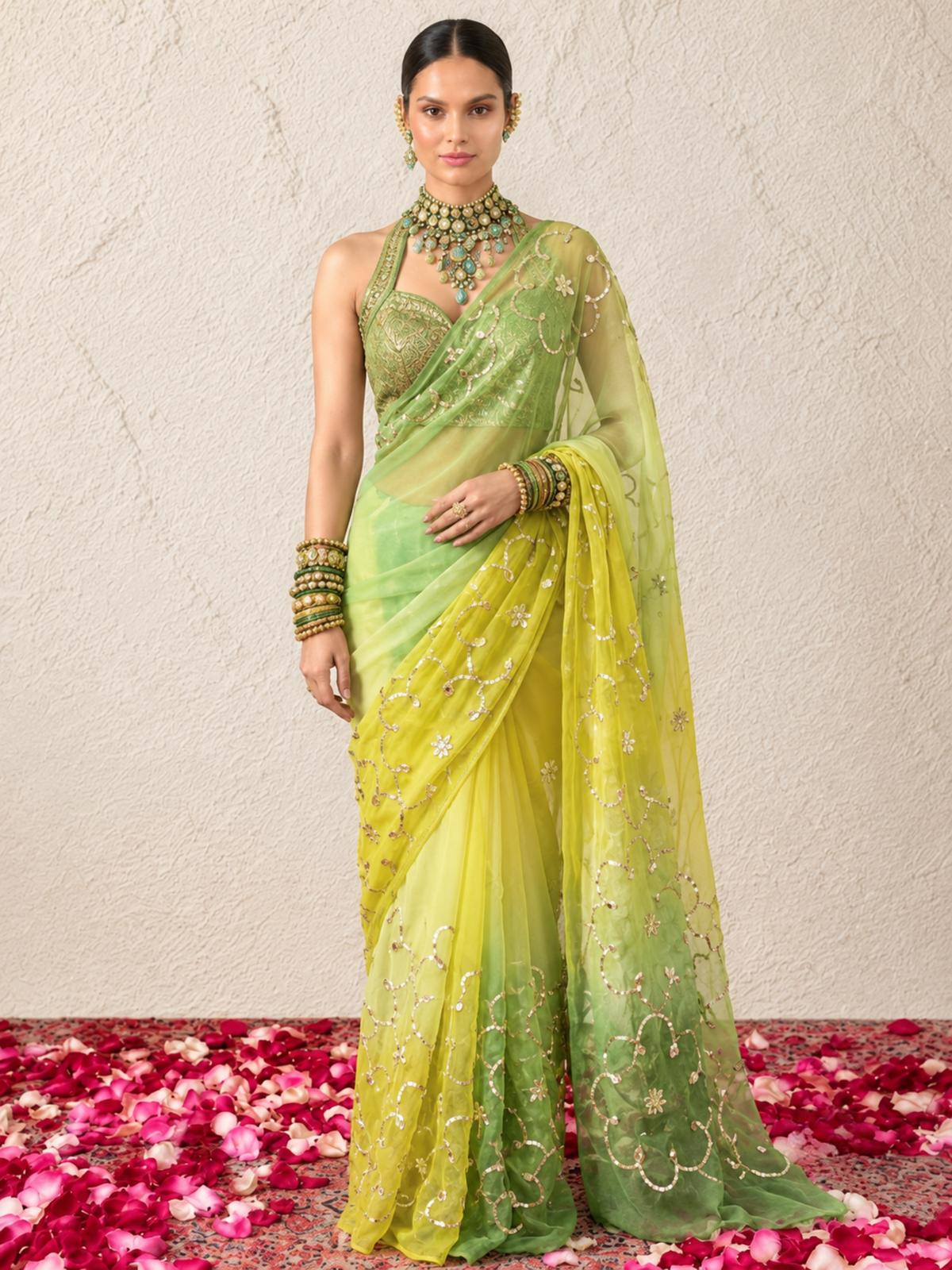 Yellow and Green Angi Jaal Gota Patti Pure Silk Chiffon Saree with Crepe Blouse Fabric