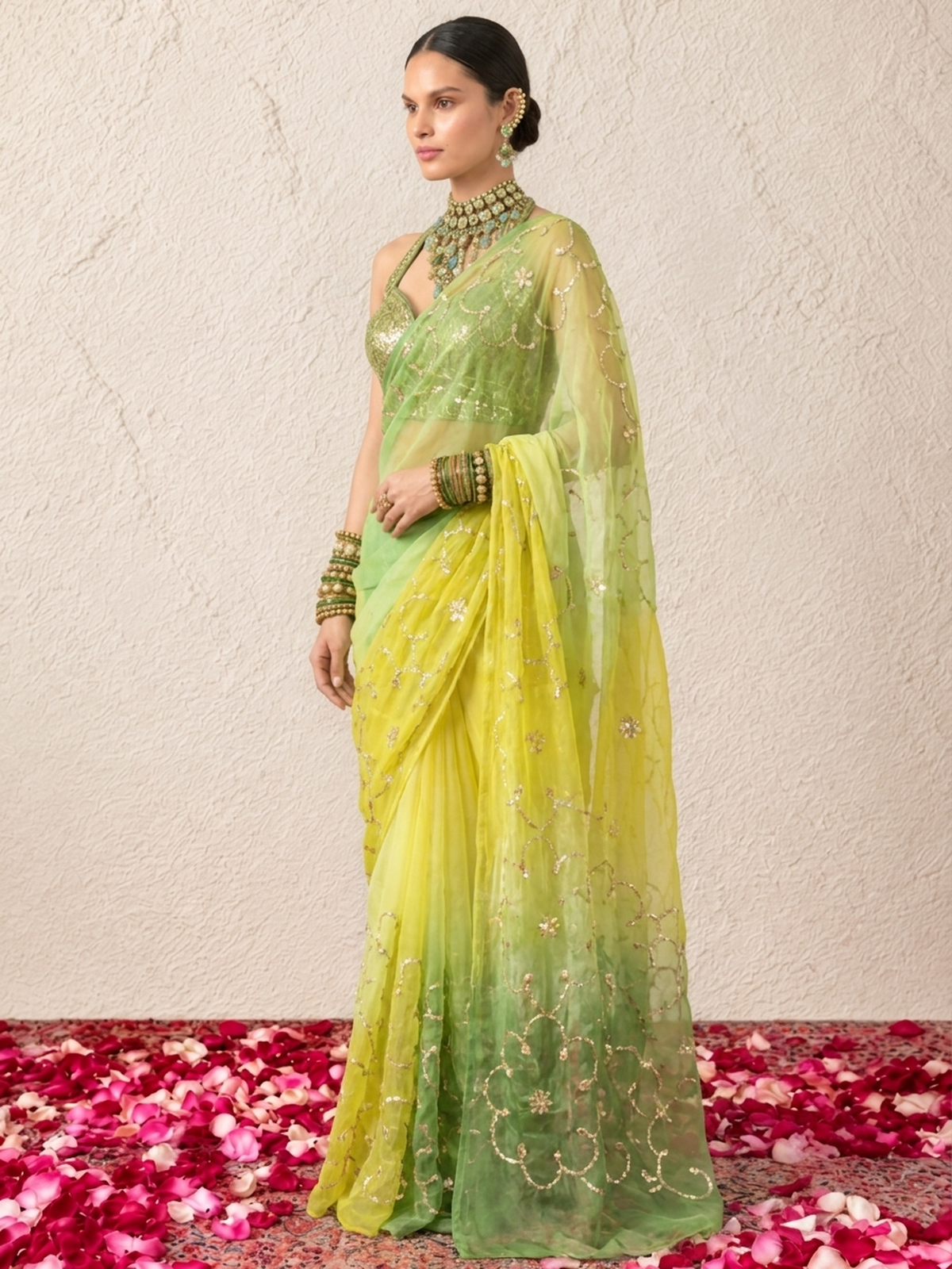 Yellow and Green Angi Jaal Gota Patti Pure Silk Chiffon Saree with Crepe Blouse Fabric