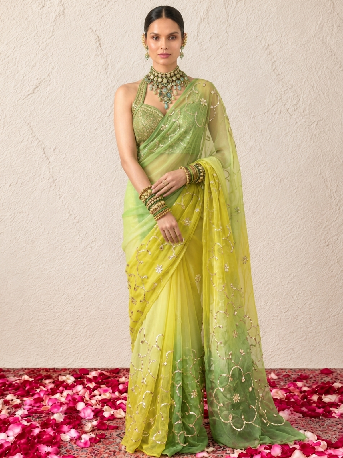 Yellow and Green Angi Jaal Gota Patti Pure Silk Chiffon Saree with Crepe Blouse Fabric