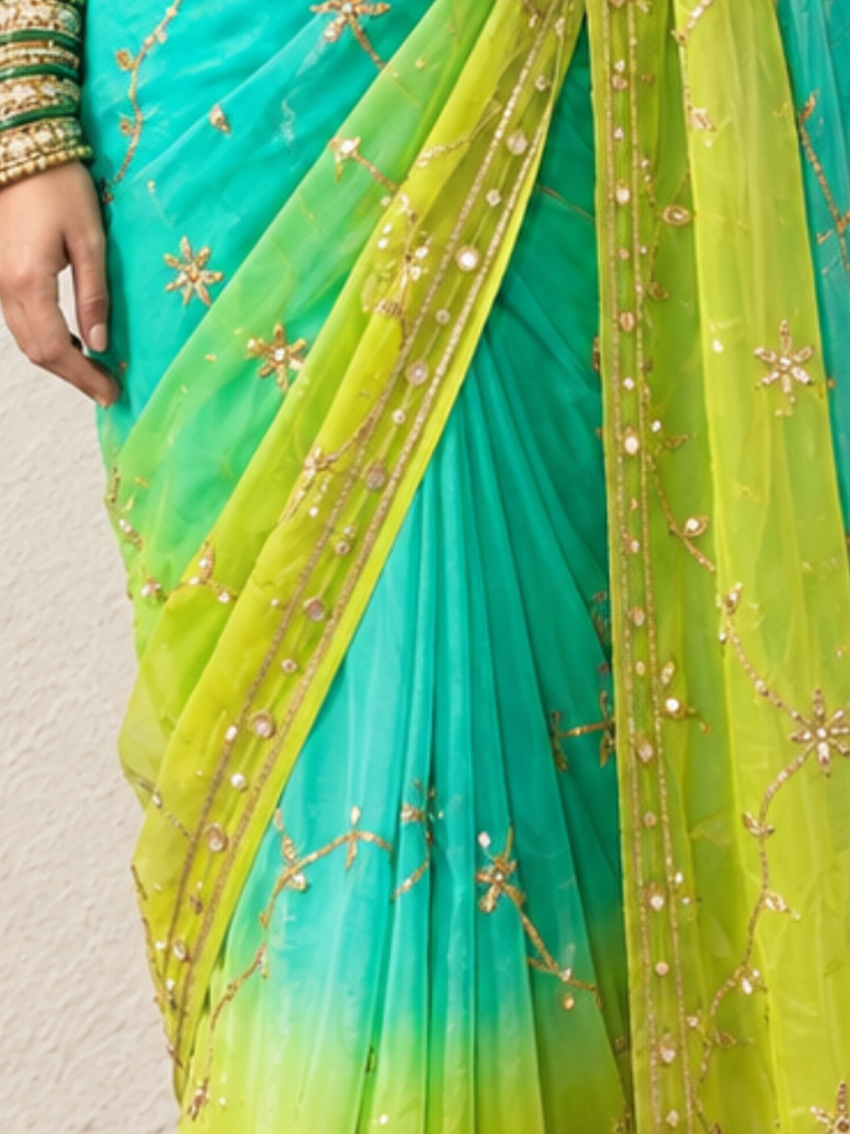 Green, Blue and Yellow Ombre Gota Patti Pure Silk Chiffon Saree with Crepe Blouse Fabric