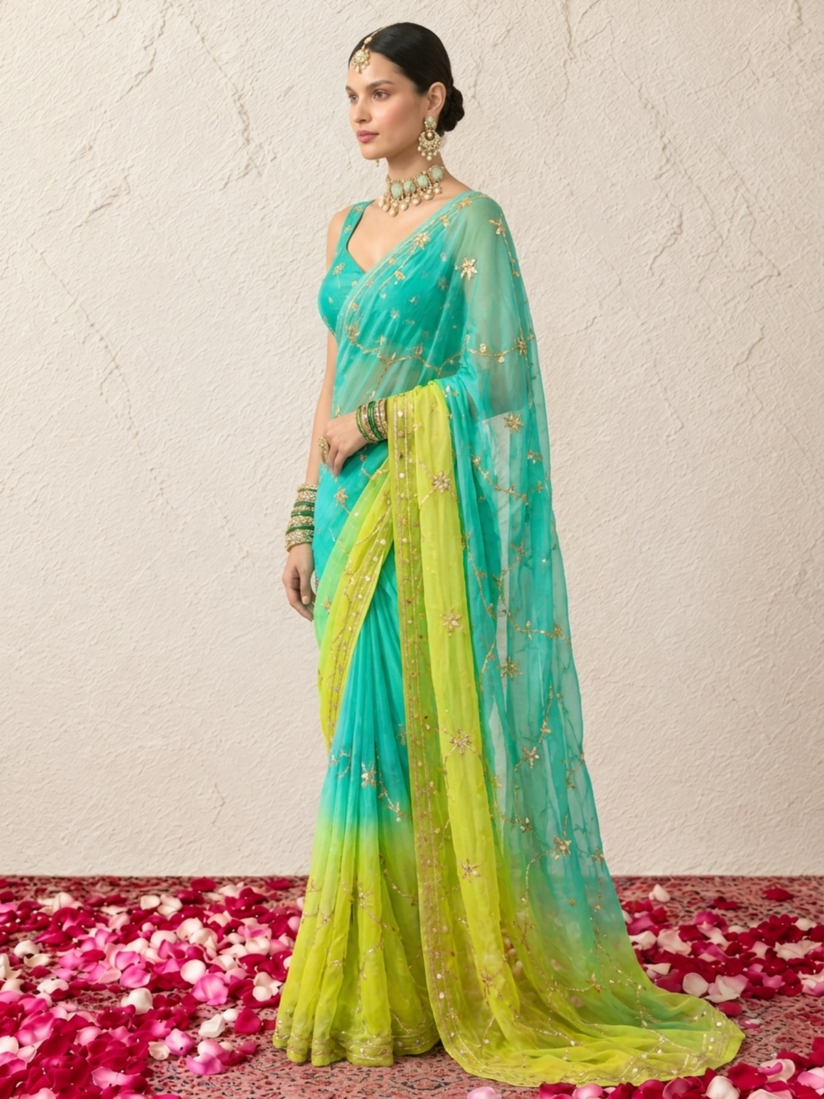 Green, Blue and Yellow Ombre Gota Patti Pure Silk Chiffon Saree with Crepe Blouse Fabric