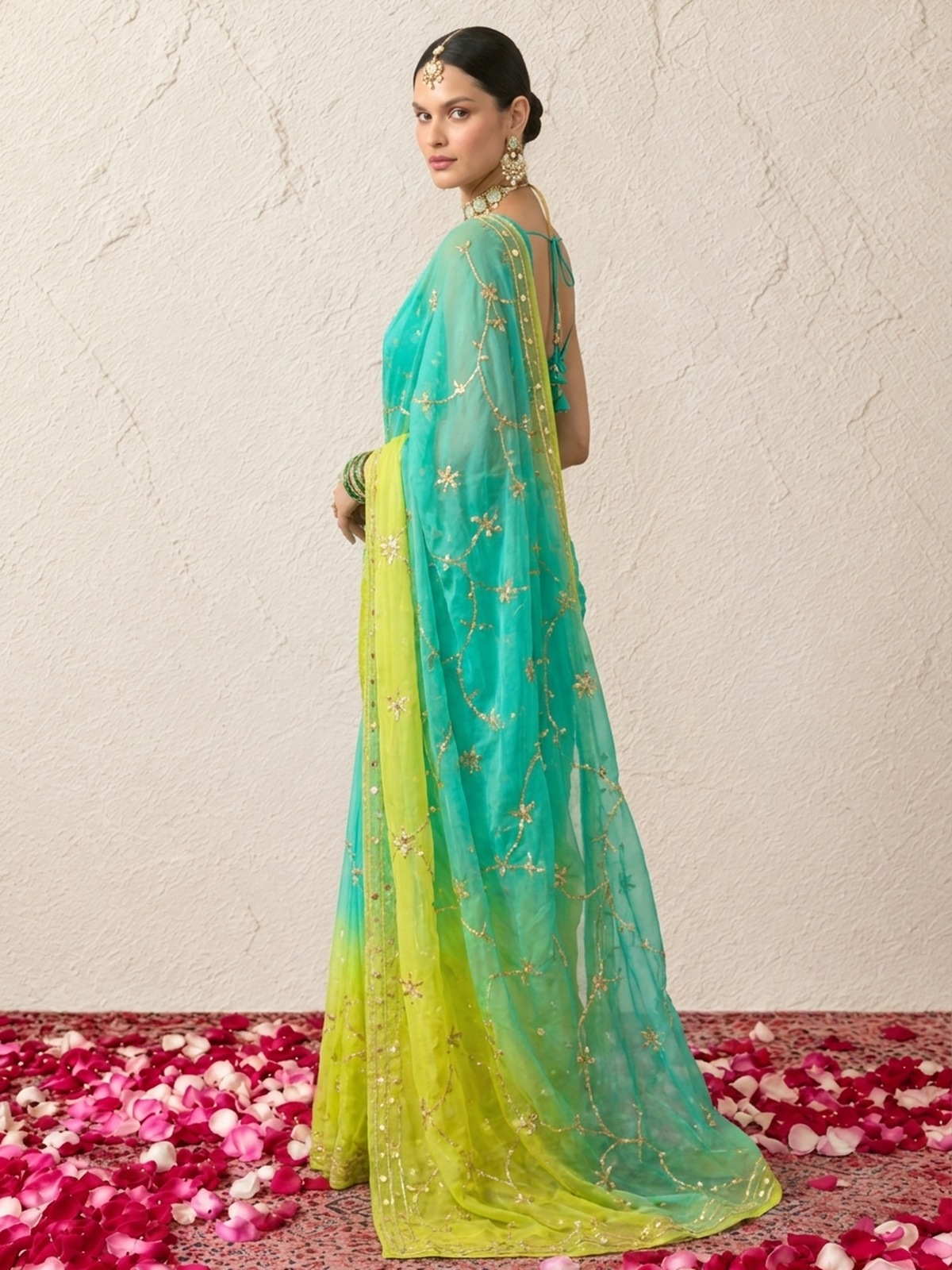 Green, Blue and Yellow Ombre Gota Patti Pure Silk Chiffon Saree with Crepe Blouse Fabric