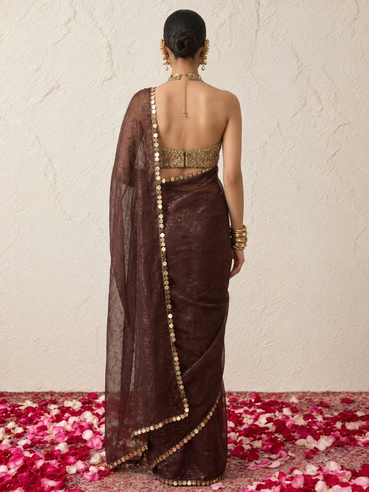 Chocolate Shimmer Chiffon Coin Drop Saree with Blouse Fabric