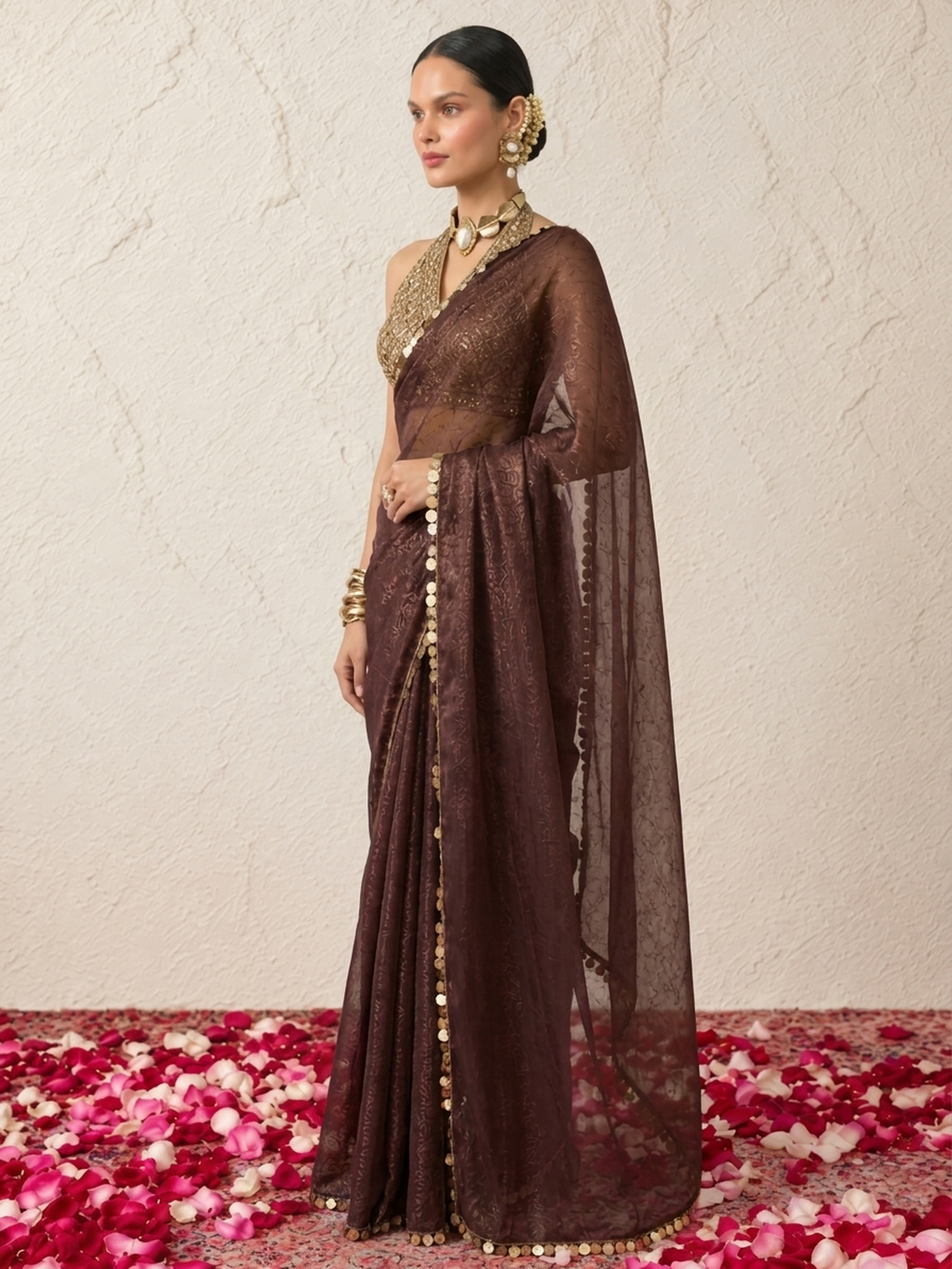 Chocolate Shimmer Chiffon Coin Drop Saree with Blouse Fabric
