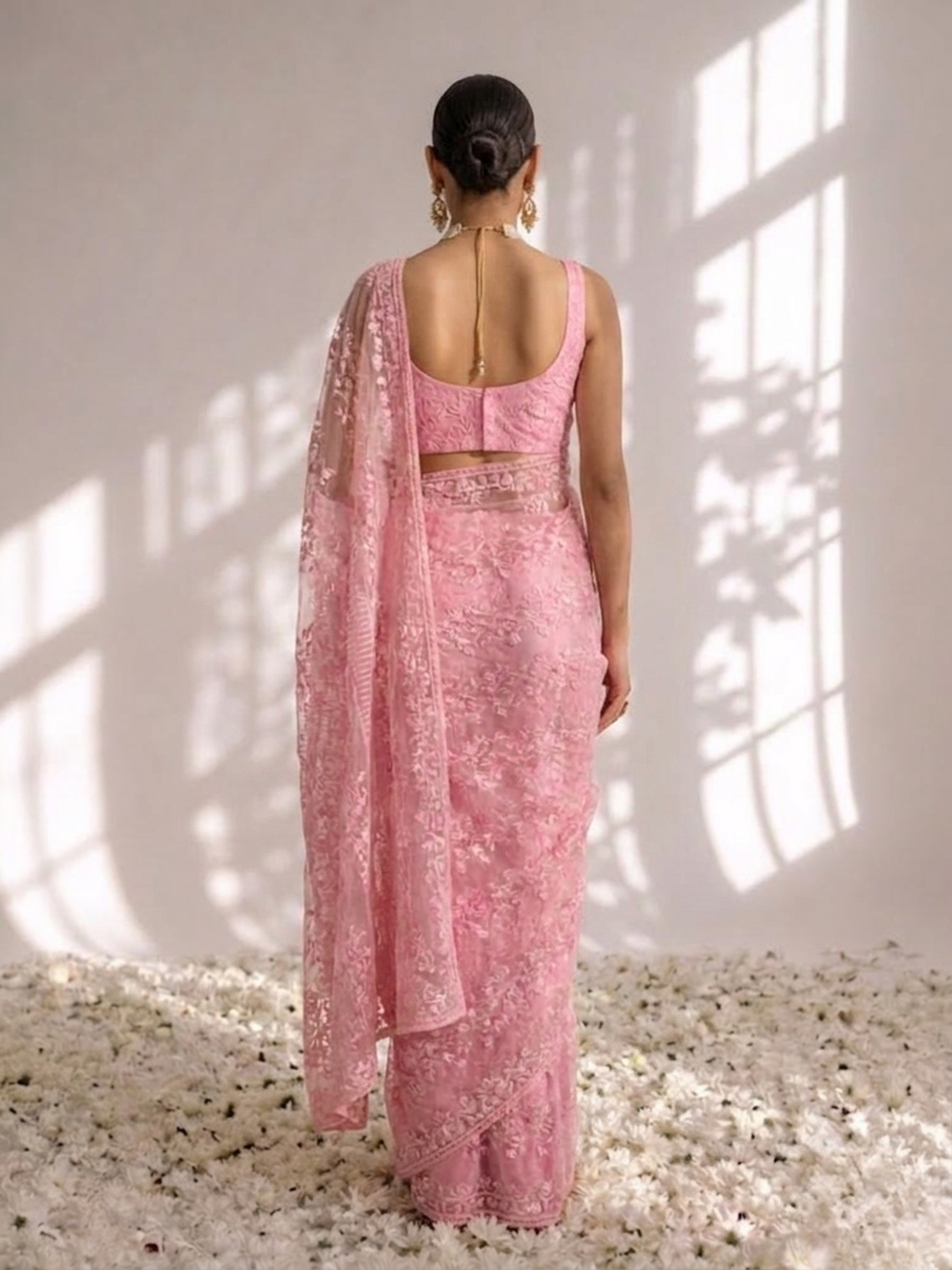 Blush Pink Stripe Lace Saree with Sequin and Blouse Fabric