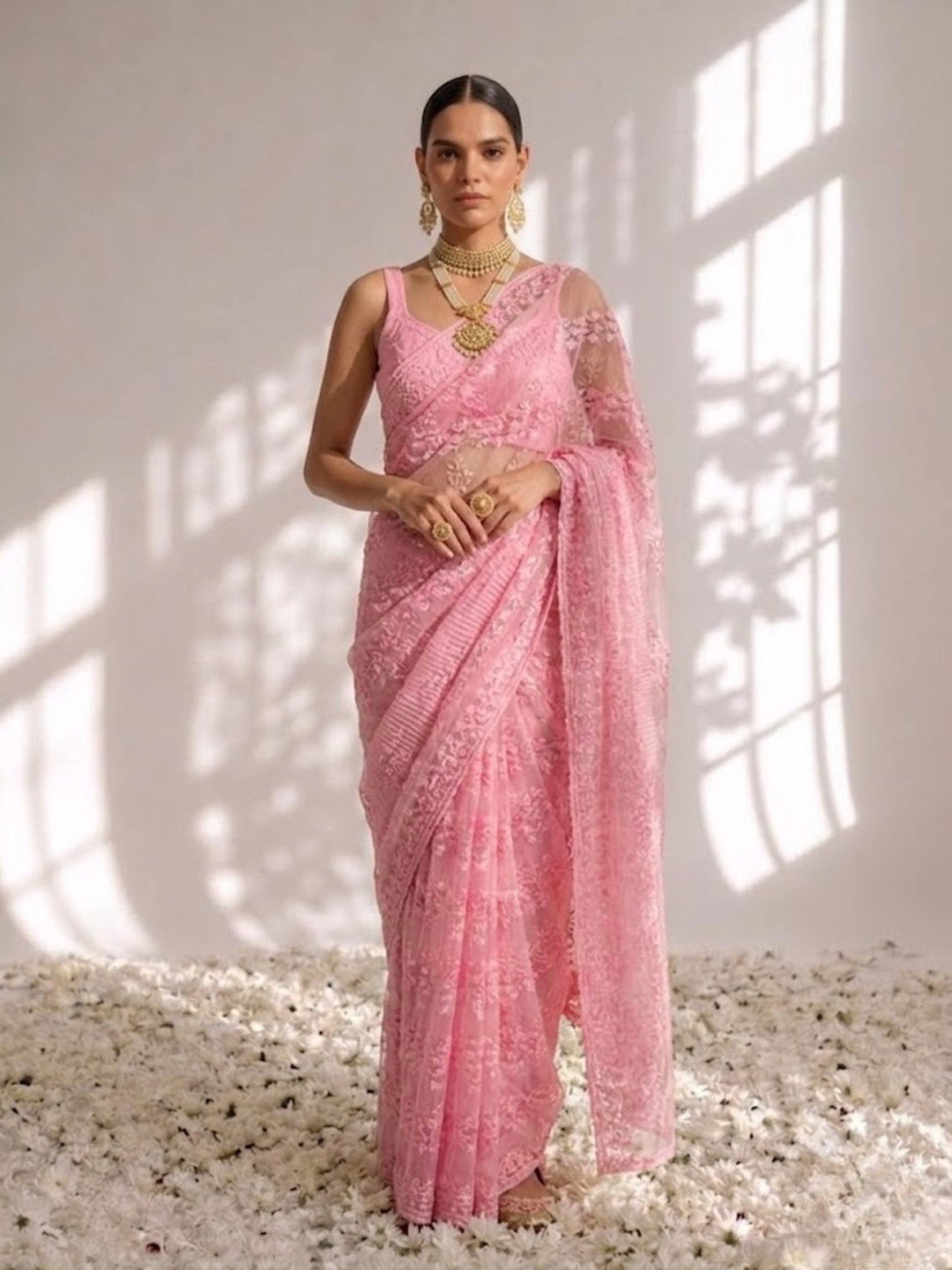 Blush Pink Stripe Lace Saree with Sequin and Blouse Fabric