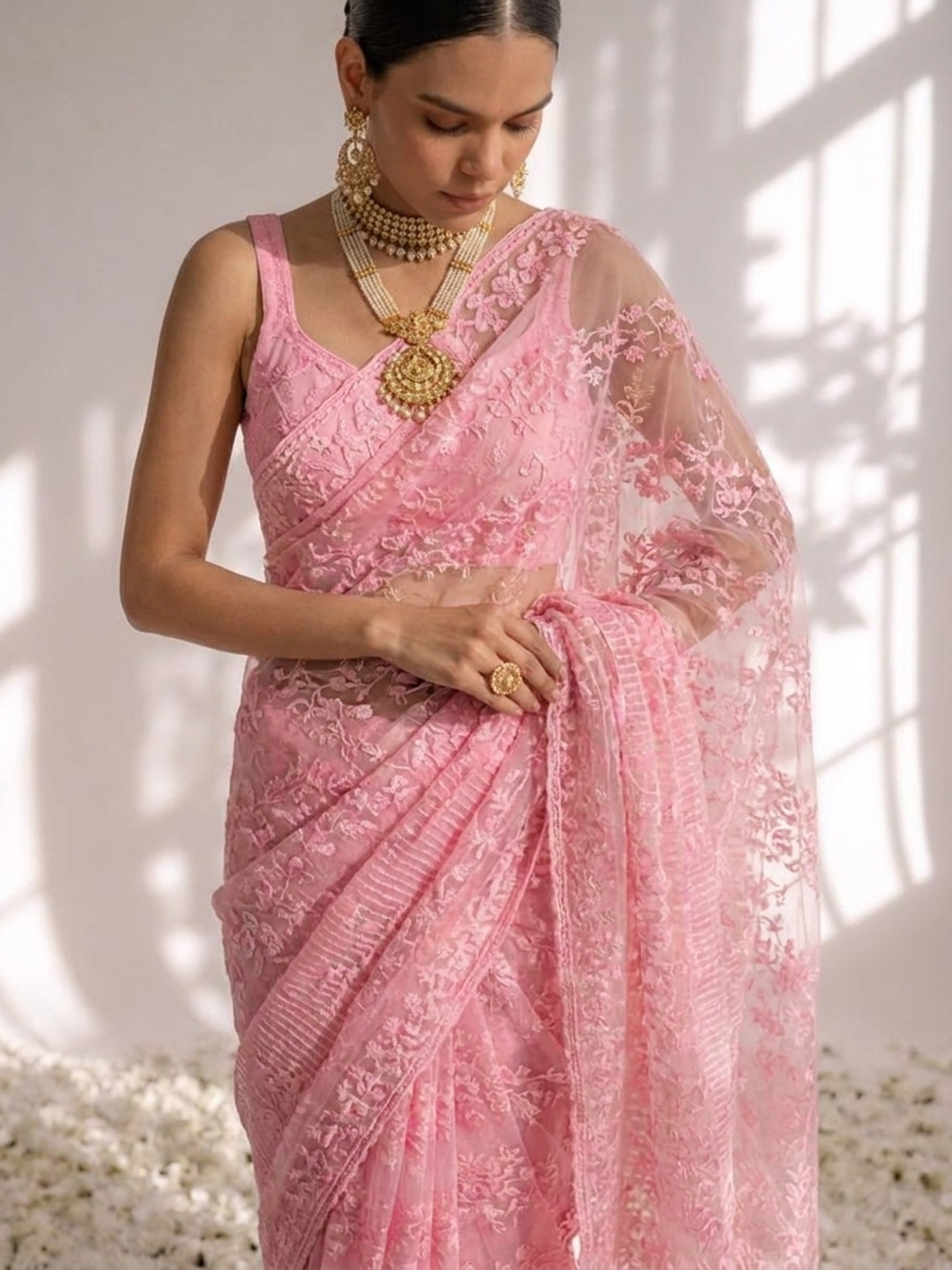 Blush Pink Stripe Lace Saree with Sequin and Blouse Fabric
