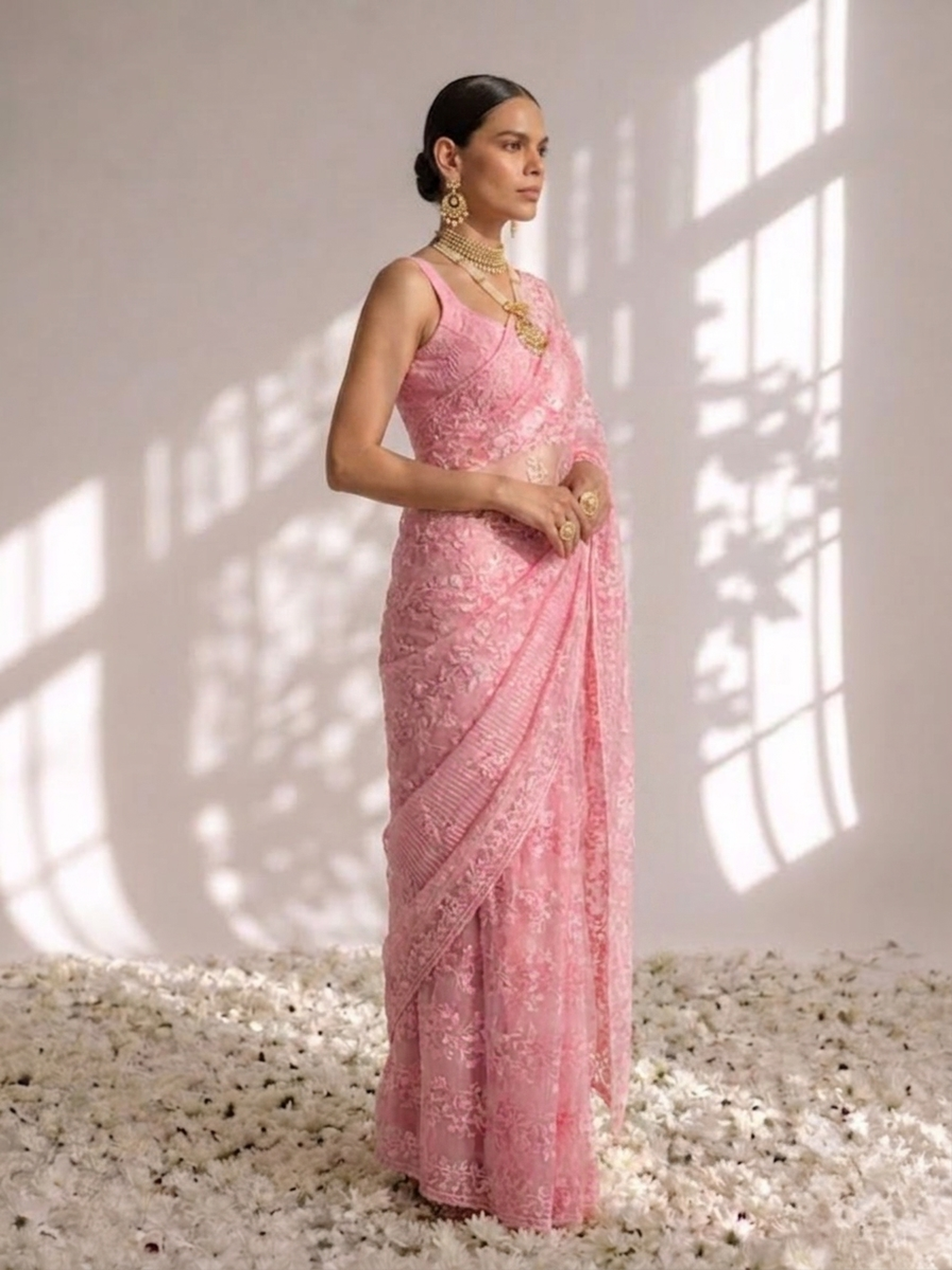 Blush Pink Stripe Lace Saree with Sequin and Blouse Fabric