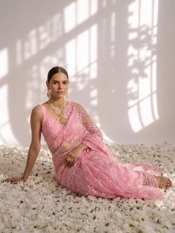 Blush Pink Stripe Lace Saree with Sequin and Blouse Fabric