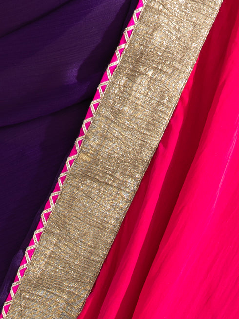 Amythst Chiffon Saree with Fuchsia Satin Border & Green Sequin Blouse Fabric