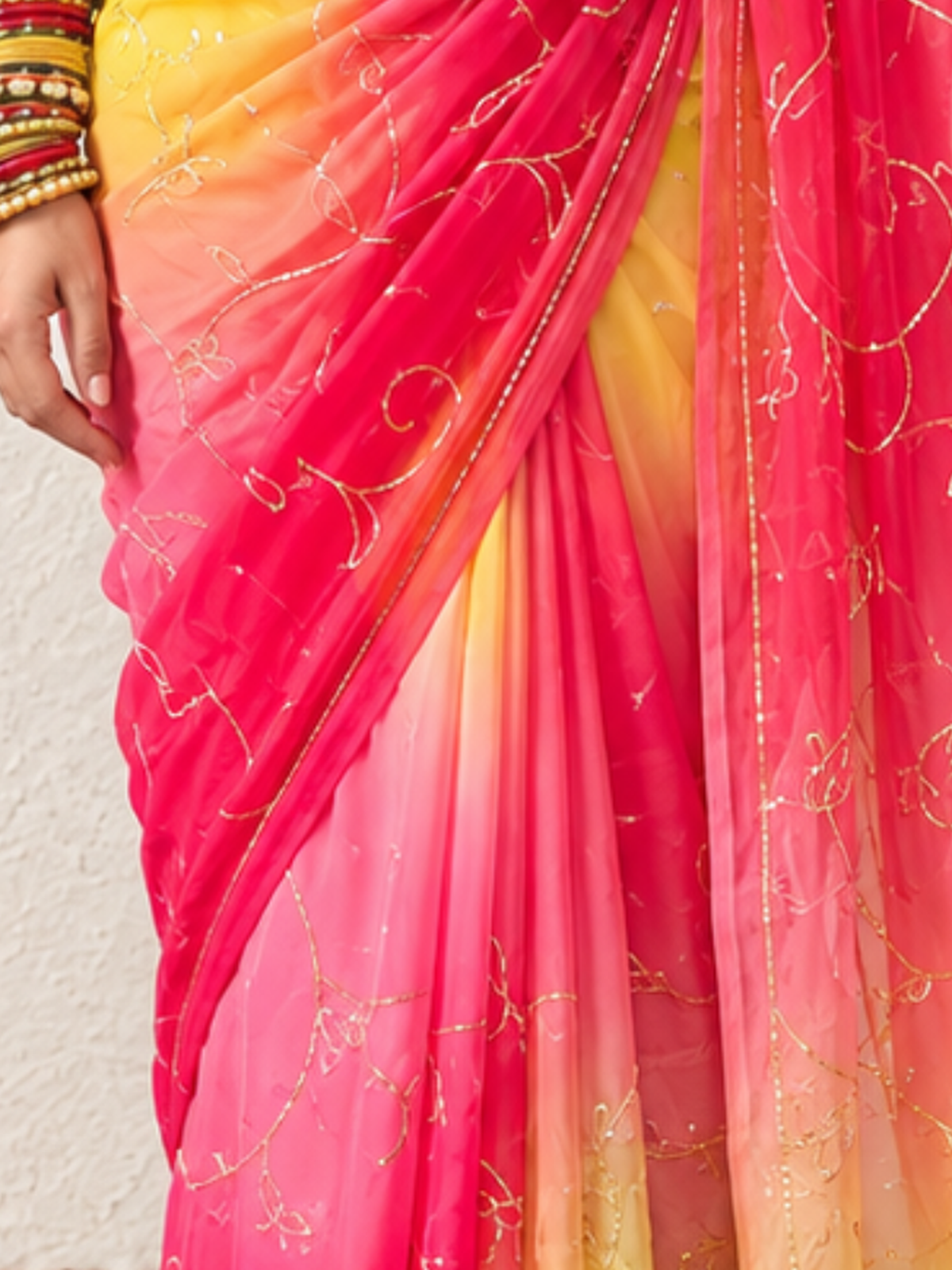 Yellow, Pink and Coral Pure Silk Chiffon Ombre Saree with Cut Dana Jaal Hand Embroidery and Pure Crepe Blouse Fabric