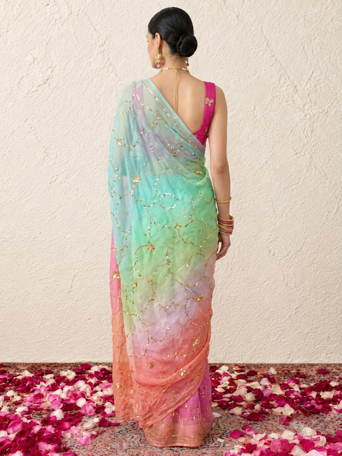 Pink and Blue Ombre Pure Silk Chiffon Gold Taari Jaal Saree with Crepe Blouse Fabric