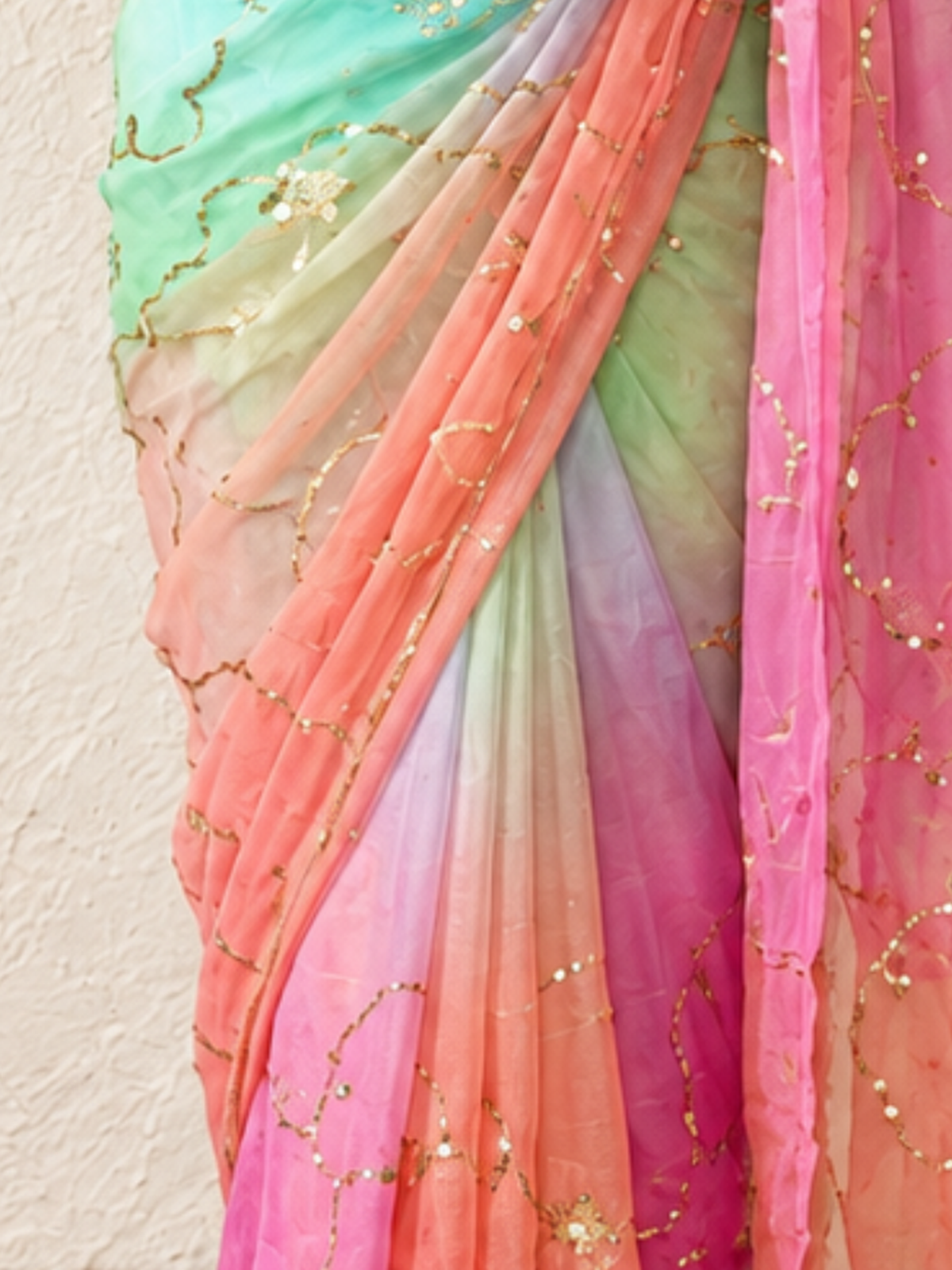 Pink and Blue Ombre Pure Silk Chiffon Gold Taari Jaal Saree with Crepe Blouse Fabric