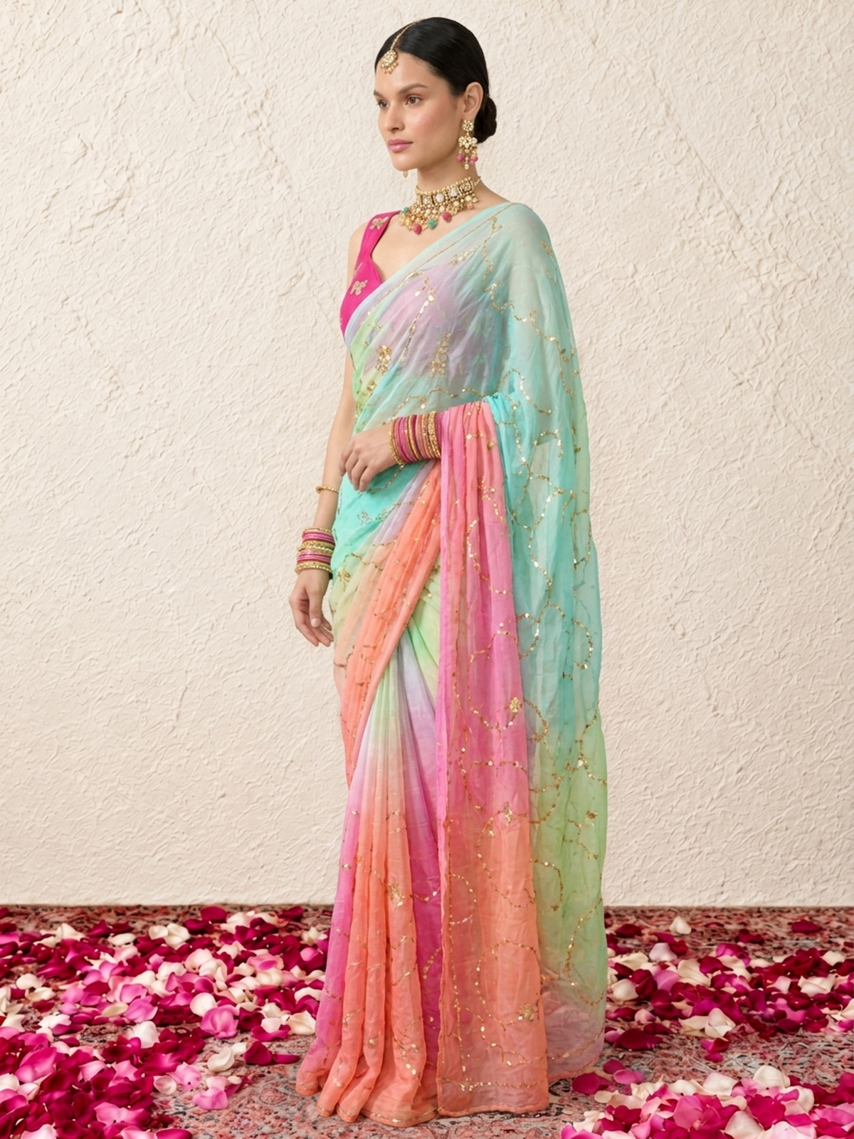 Pink and Blue Ombre Pure Silk Chiffon Gold Taari Jaal Saree with Crepe Blouse Fabric
