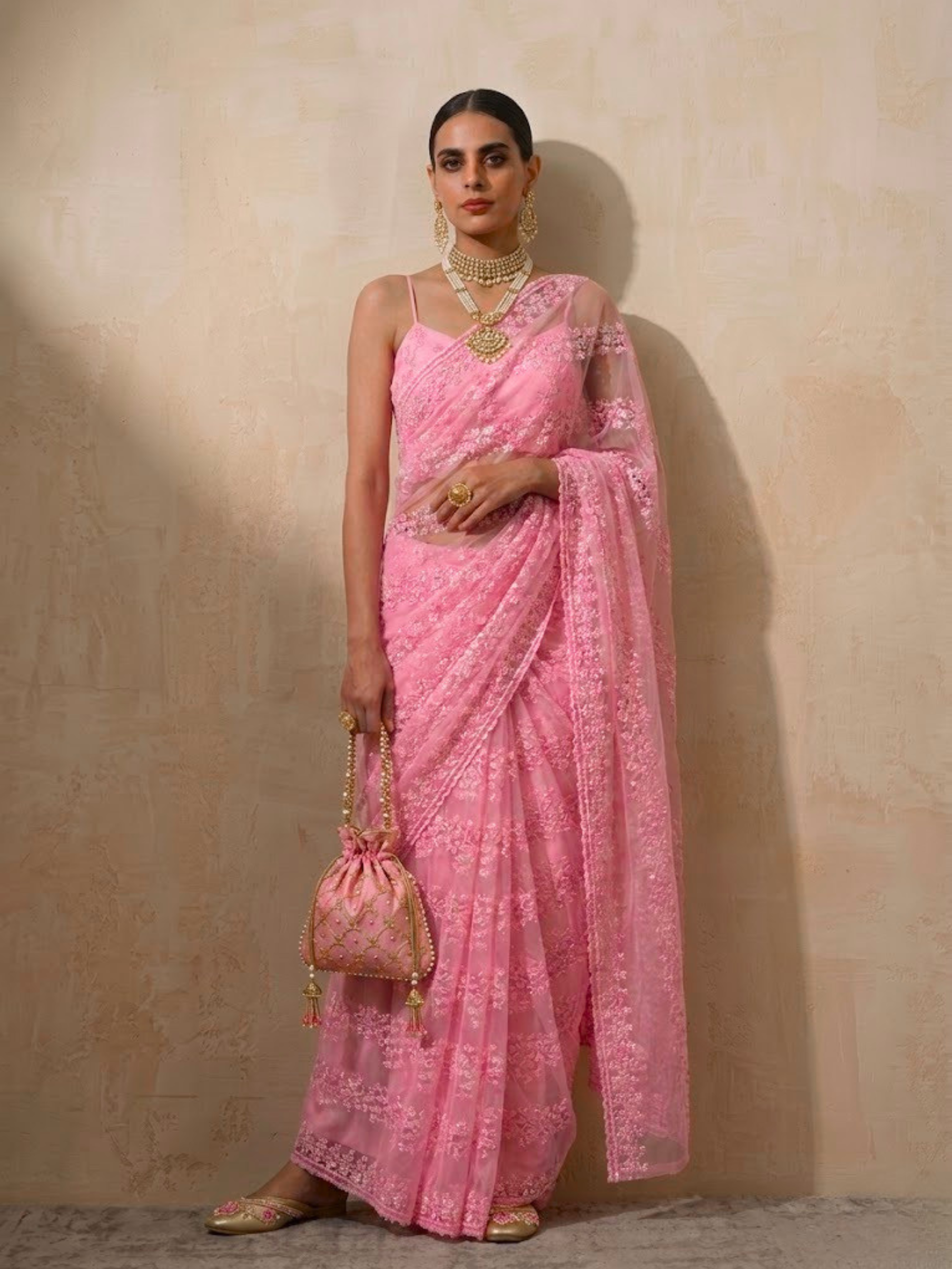 Blush Pink Stripe Lace Saree with Sequin and Blouse Fabric
