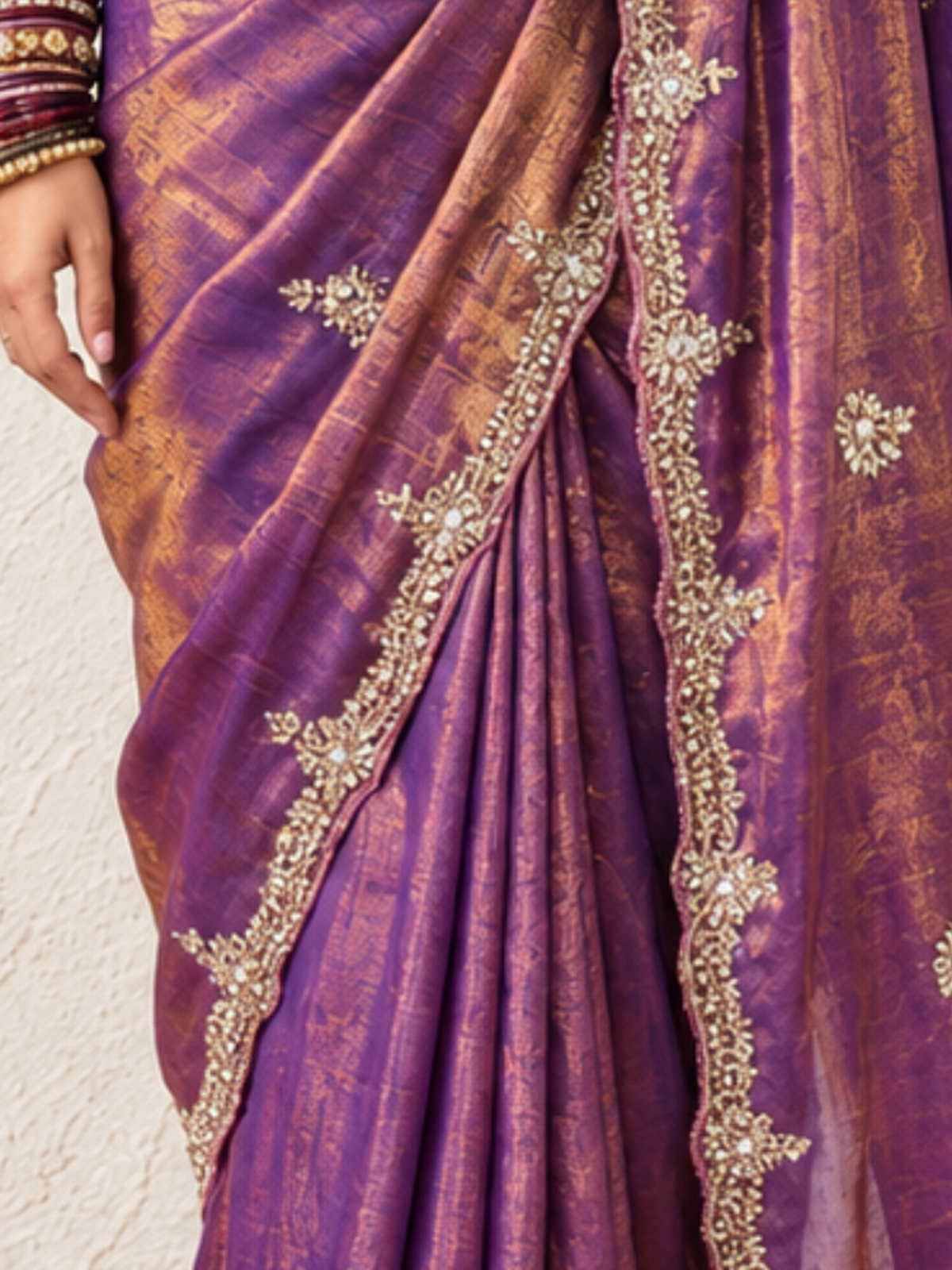 Lilac and Bronze Edge Scallop Hand Beaded Satin Metallic Saree with Beaded Blouse Fabric