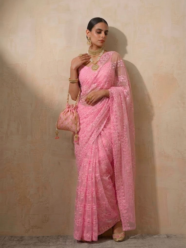 Blush Pink Stripe Lace Saree with Sequin and Blouse Fabric