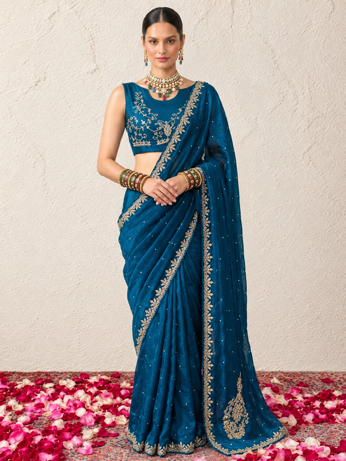 Blue Hand Beaded Satin Metallic Edge Scallop Saree with Beaded Blouse Fabric