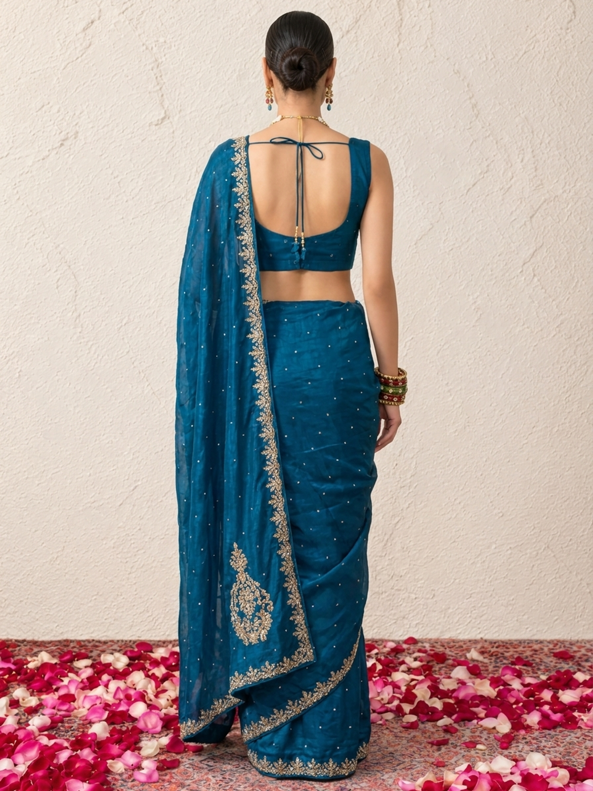 Blue Hand Beaded Satin Metallic Edge Scallop Saree with Beaded Blouse Fabric