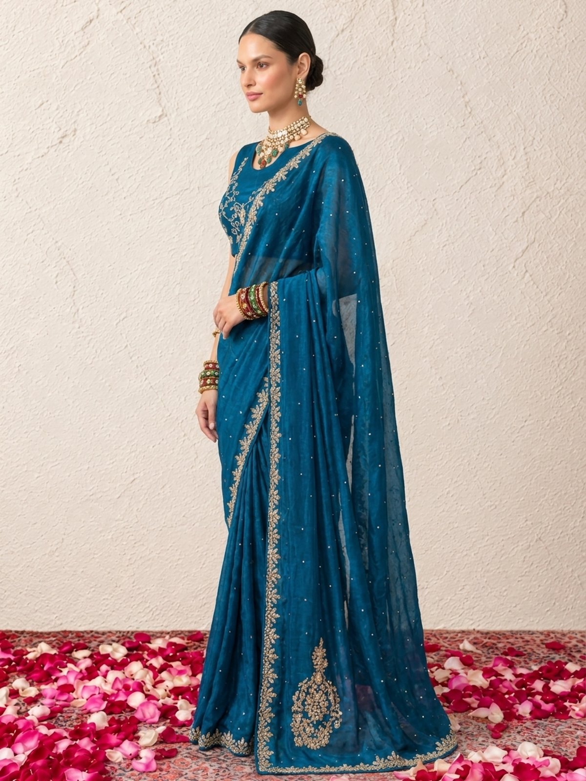 Blue Hand Beaded Satin Metallic Edge Scallop Saree with Beaded Blouse Fabric