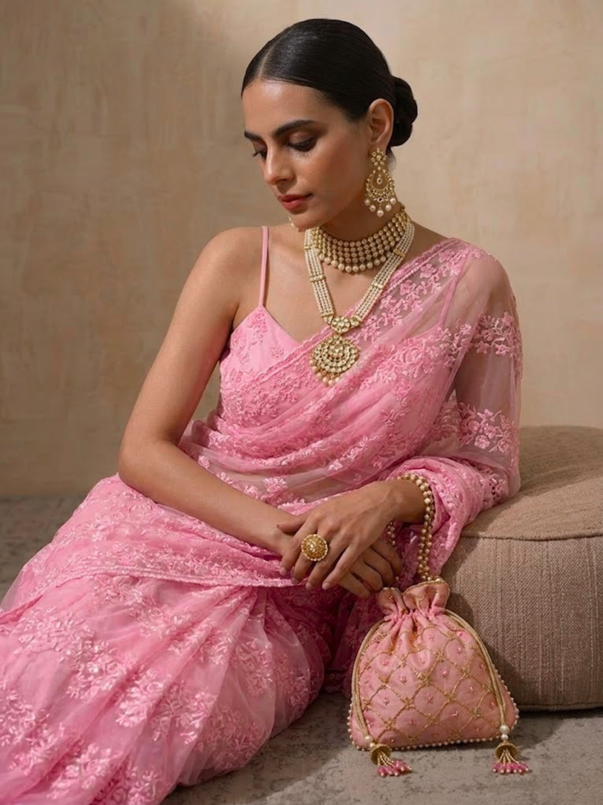 Blush Pink Stripe Lace Saree with Sequin and Blouse Fabric