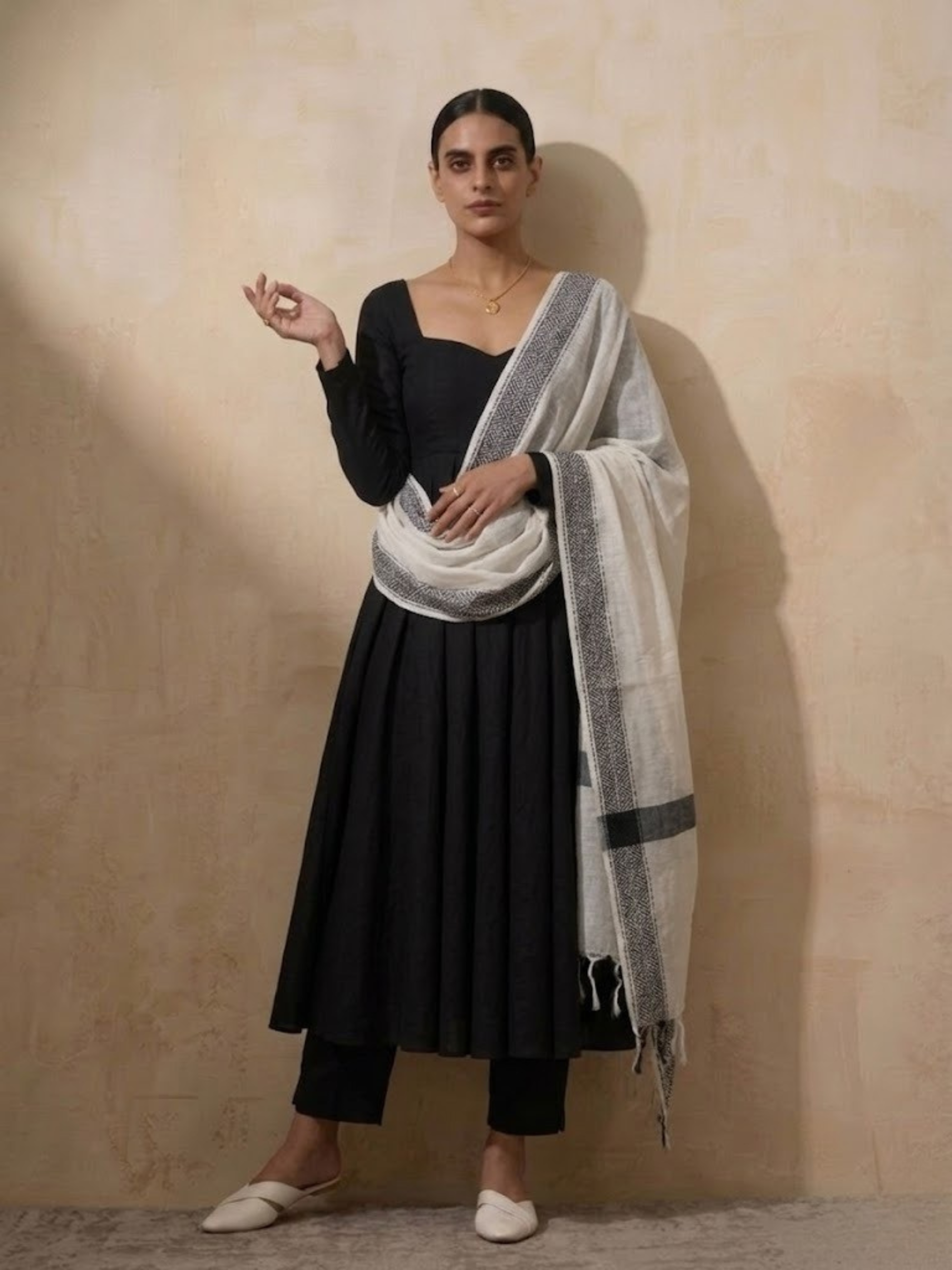 3 Pc Set - Black Cotton Anarkali with Woven Cream Black Dupatta