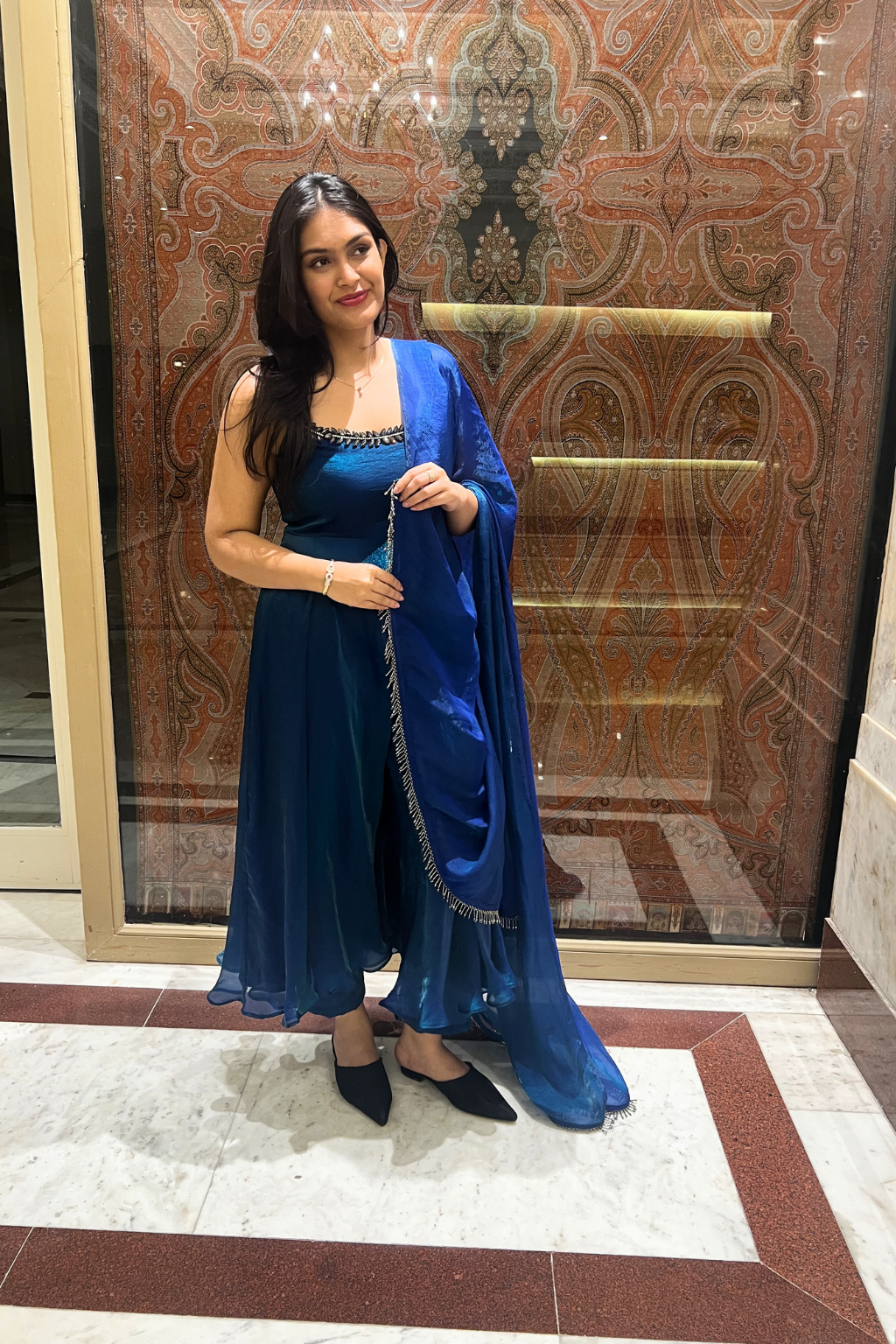 3 Pc Set -  Peacock Satin Sleeveless Anarkali Suit with Black Glass Beads Neckline with Pants and Dupatta