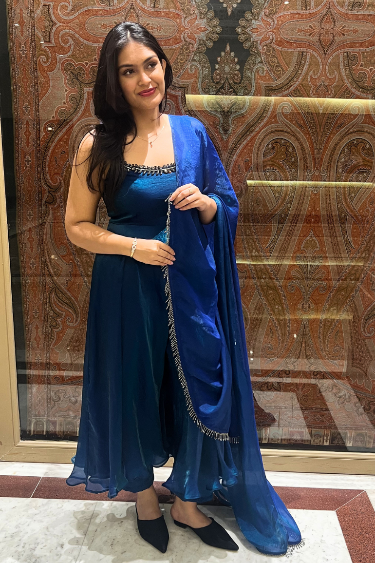 3 Pc Set -  Peacock Satin Sleeveless Anarkali Suit with Black Glass Beads Neckline with Pants and Dupatta