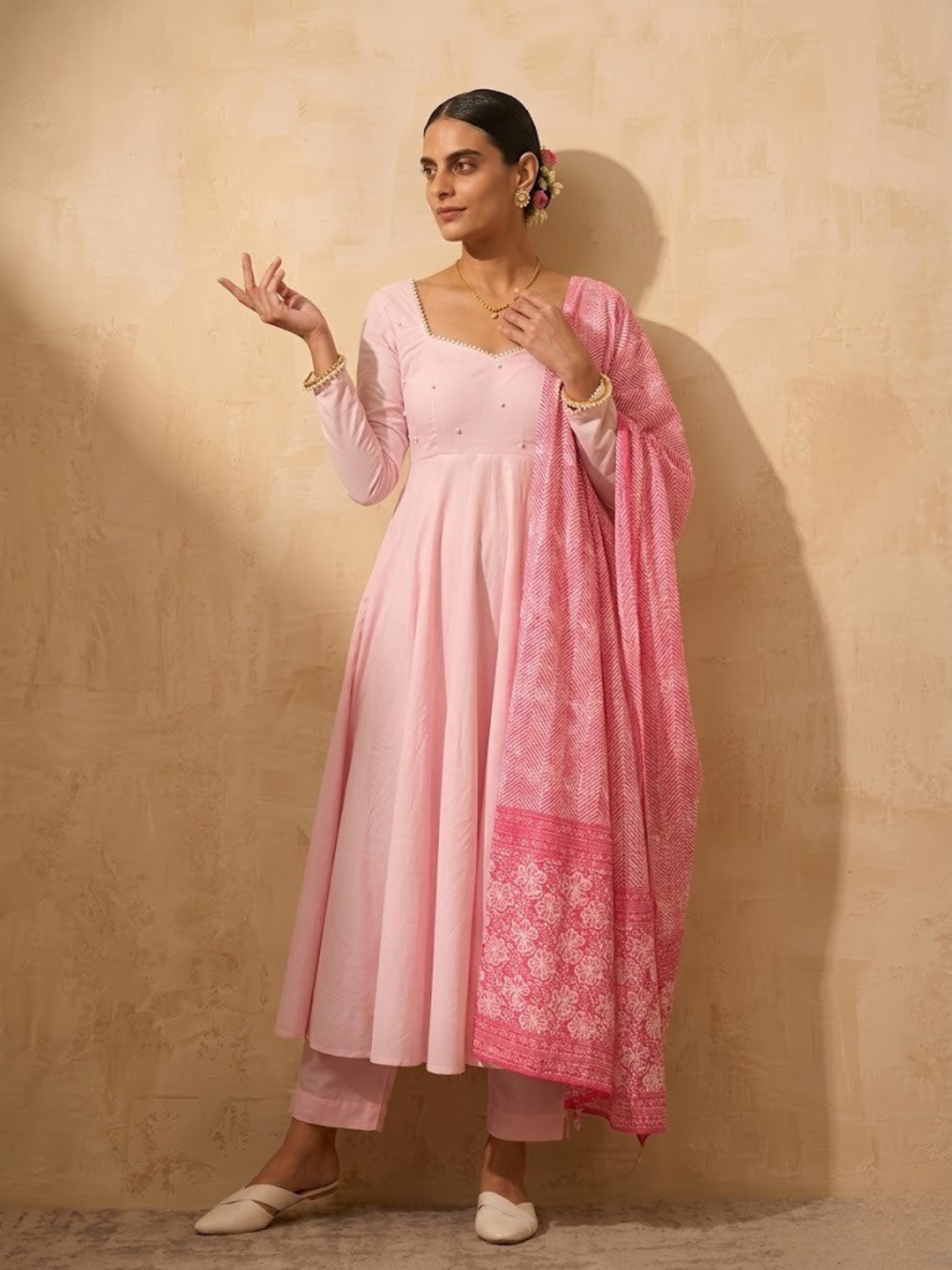 3 Pc Set - Pink Cotton Anarkali with Pearls and Pink Printed Dupatta