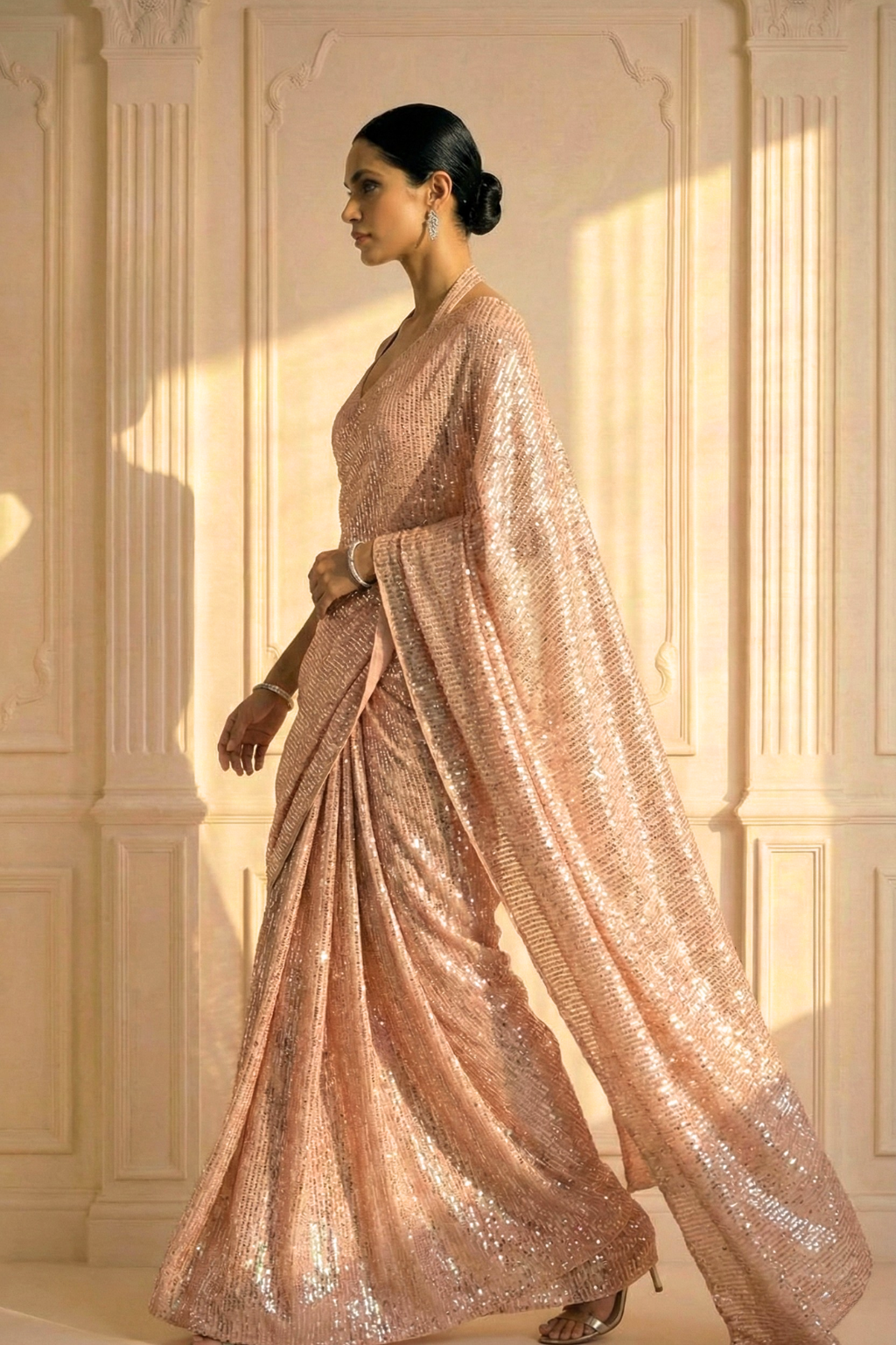 Bisque Cream Knitted Sequin Saree with Blouse Fabric