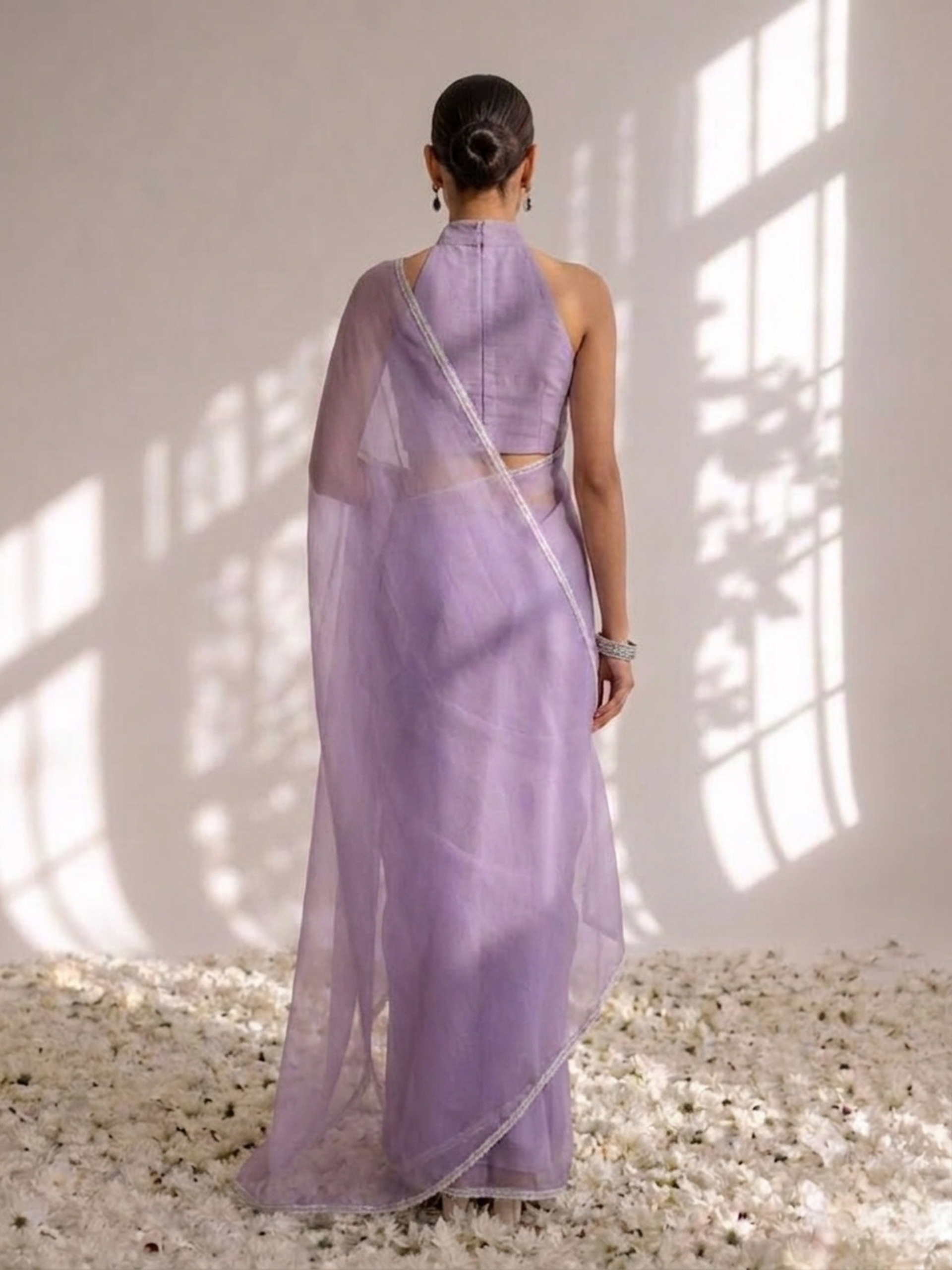 Purple Chiffon Saree with Lace and Self Fabric Blouse