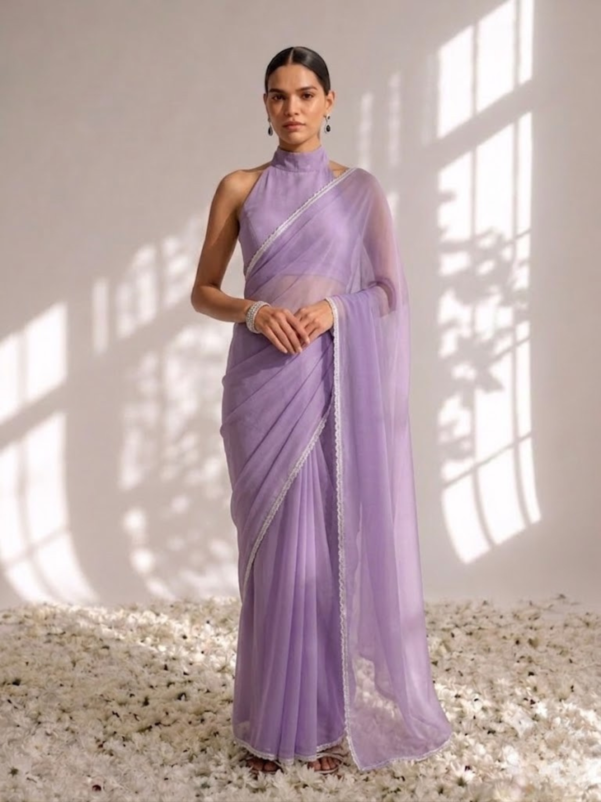 Purple Chiffon Saree with Lace and Self Fabric Blouse